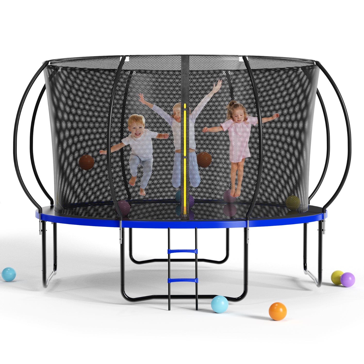 14Ft Outdoor Big Trampoline With Inner Safety Enclosure Net, Ladder, Pvc Spring Cover Padding, For Kids, Black&Blue Color Black Blue Metal