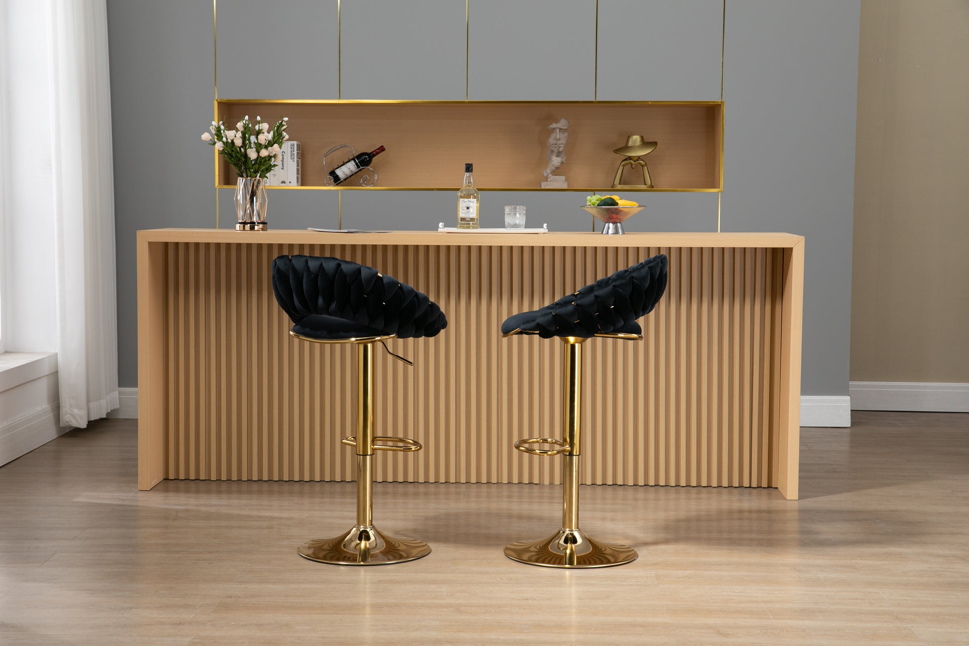 Coolmore Swivel Bar Stools Set Of 2 Adjustable Counter Height Chairs With Footrest For Kitchen, Dining Room 2Pc Set Black Polyester