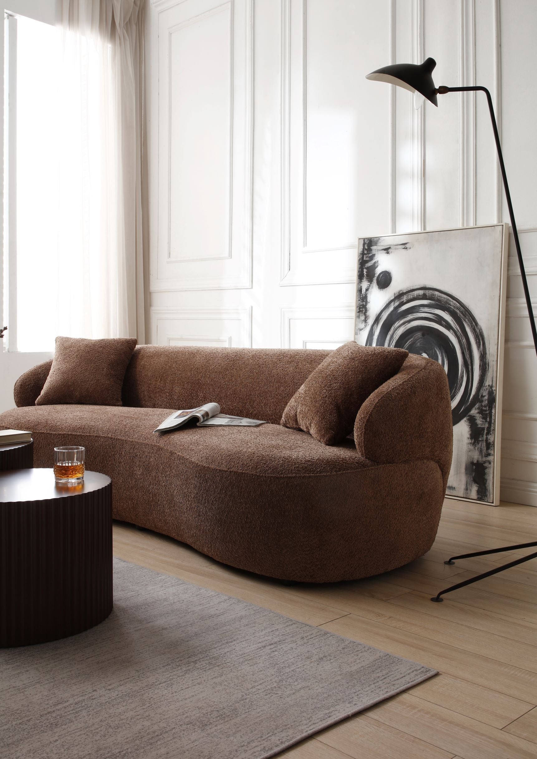 Borwn Mid Century Modern Curved Sofa, 3 Seat Cloud Couch Boucle Sofa Fabric Couch For Living Room, Bedroom, Office Dark Brown Boucle 3 Seat