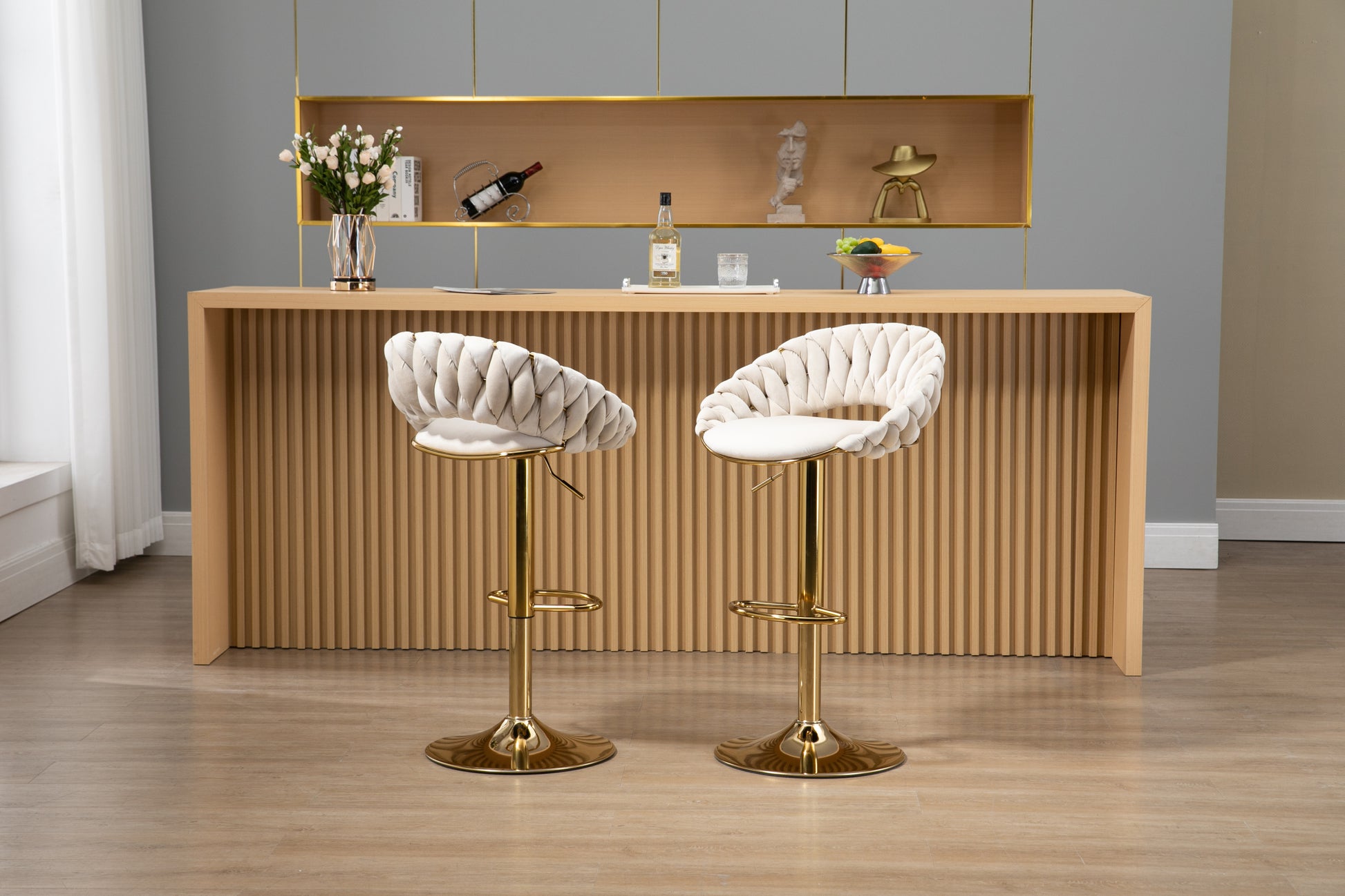 Coolmore Swivel Bar Stools Set Of 2 Adjustable Counter Height Chairs With Footrest For Kitchen, Dining Room 2Pc Set Ivory Polyester