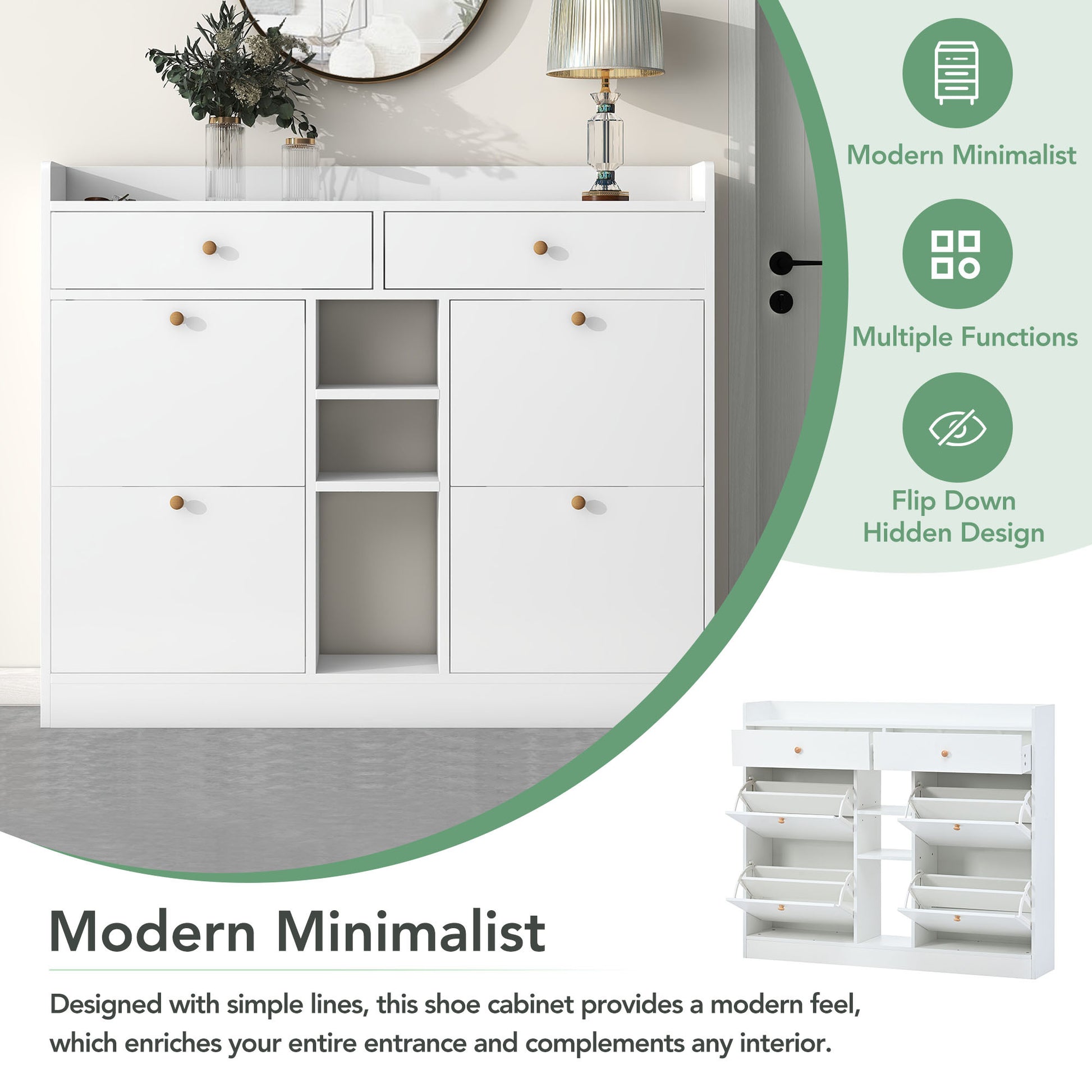 Modern Shoe Cabinet With 4 Flip Drawers, Multifunctional 2 Tier Shoe Storage Organizer With Drawers, Free Standing Shoe Rack For Entrance Hallway, White. White Particle Board