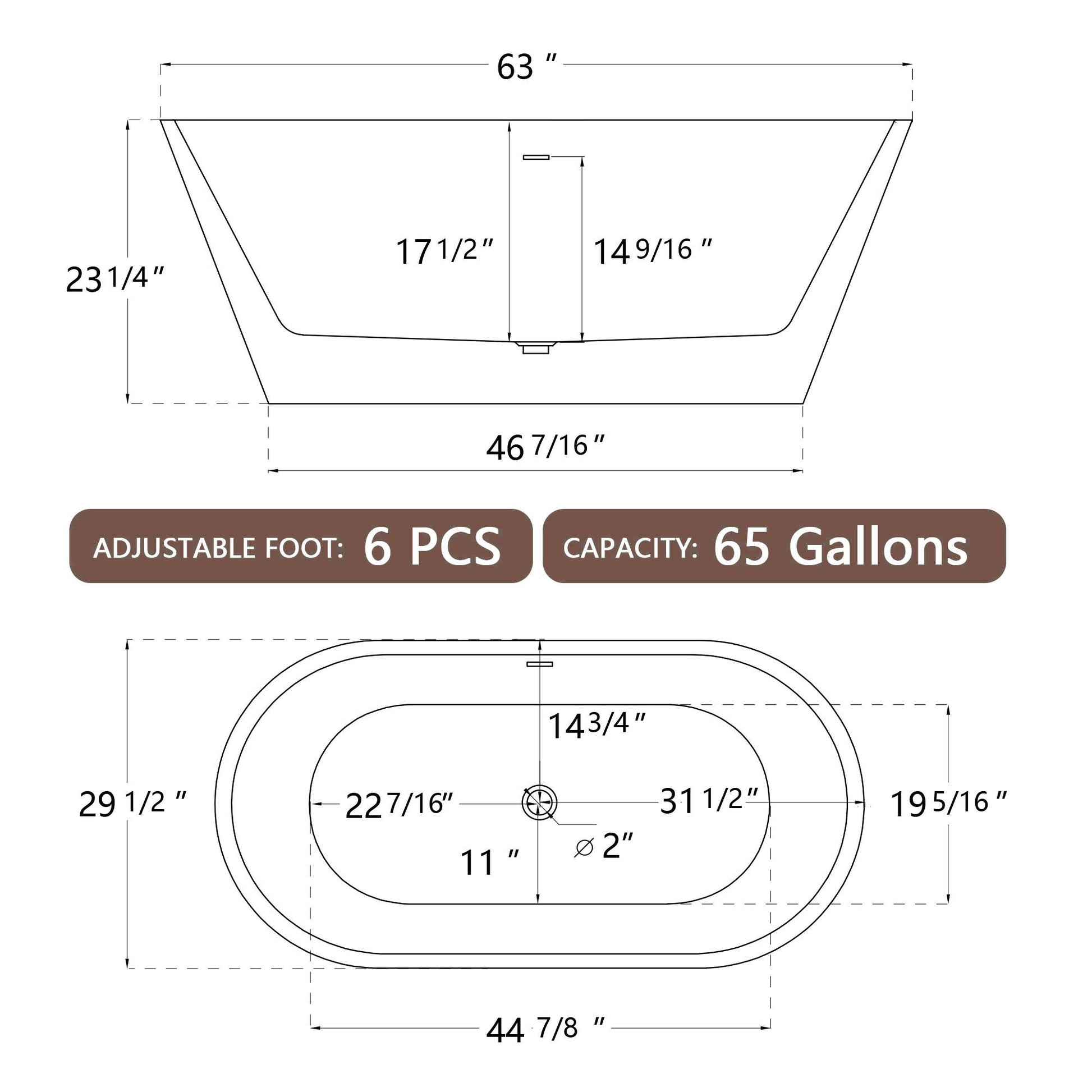 63" Acrylic Free Standing Tub Classic Oval Shape