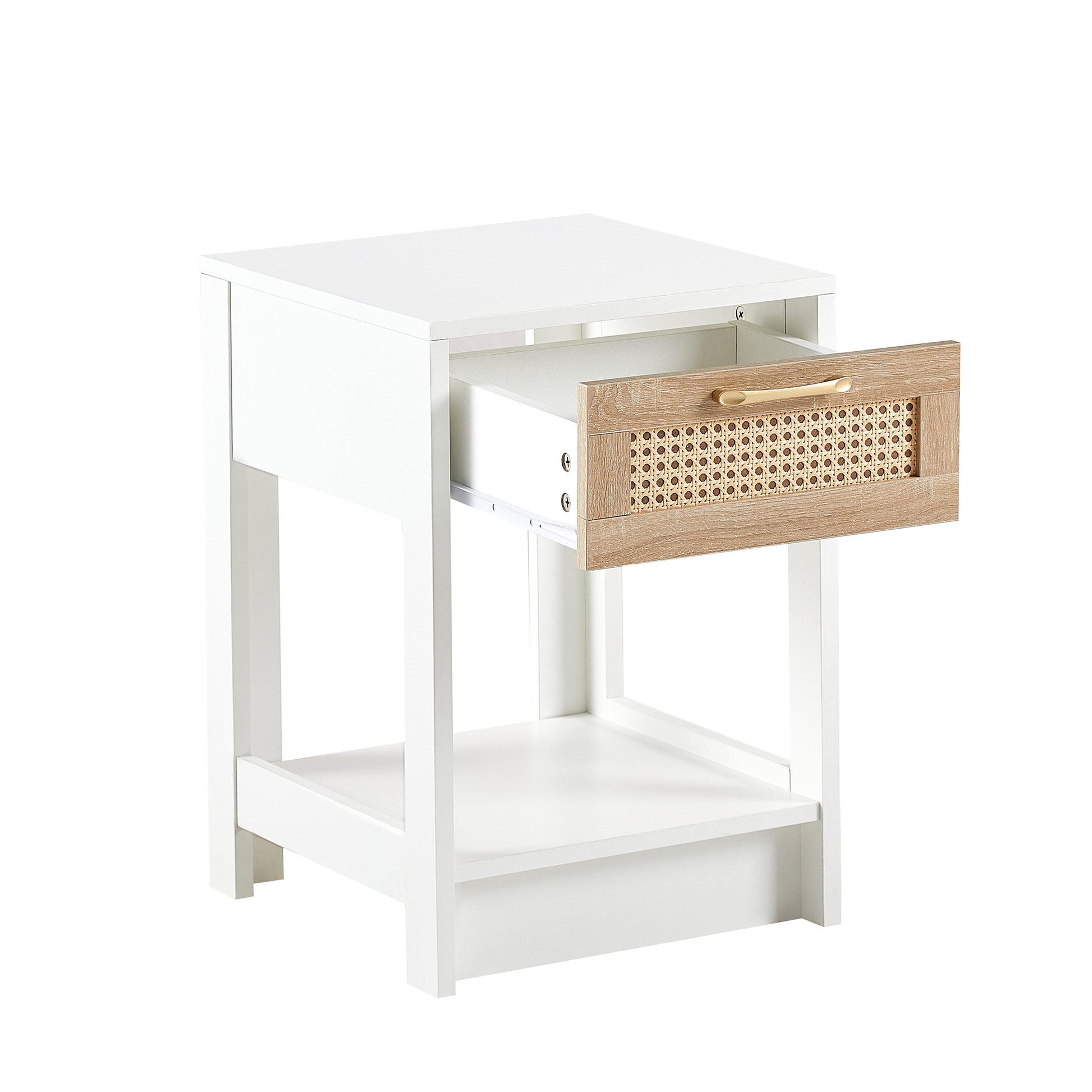 15.75" Rattan End Table With Drawer, Modern Nightstand, Side Table For Living Room, Bedroom,White White Mdf