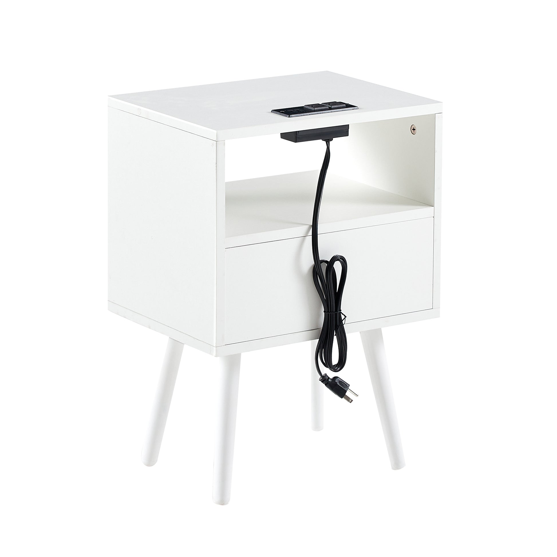 15.75" Rattan End Table With Power Outlet & Usb Portsmodern Nightstand With Drawer And Solid Wood Legs, Side Table For Living Room, Bedroom, White White Solid Wood Mdf