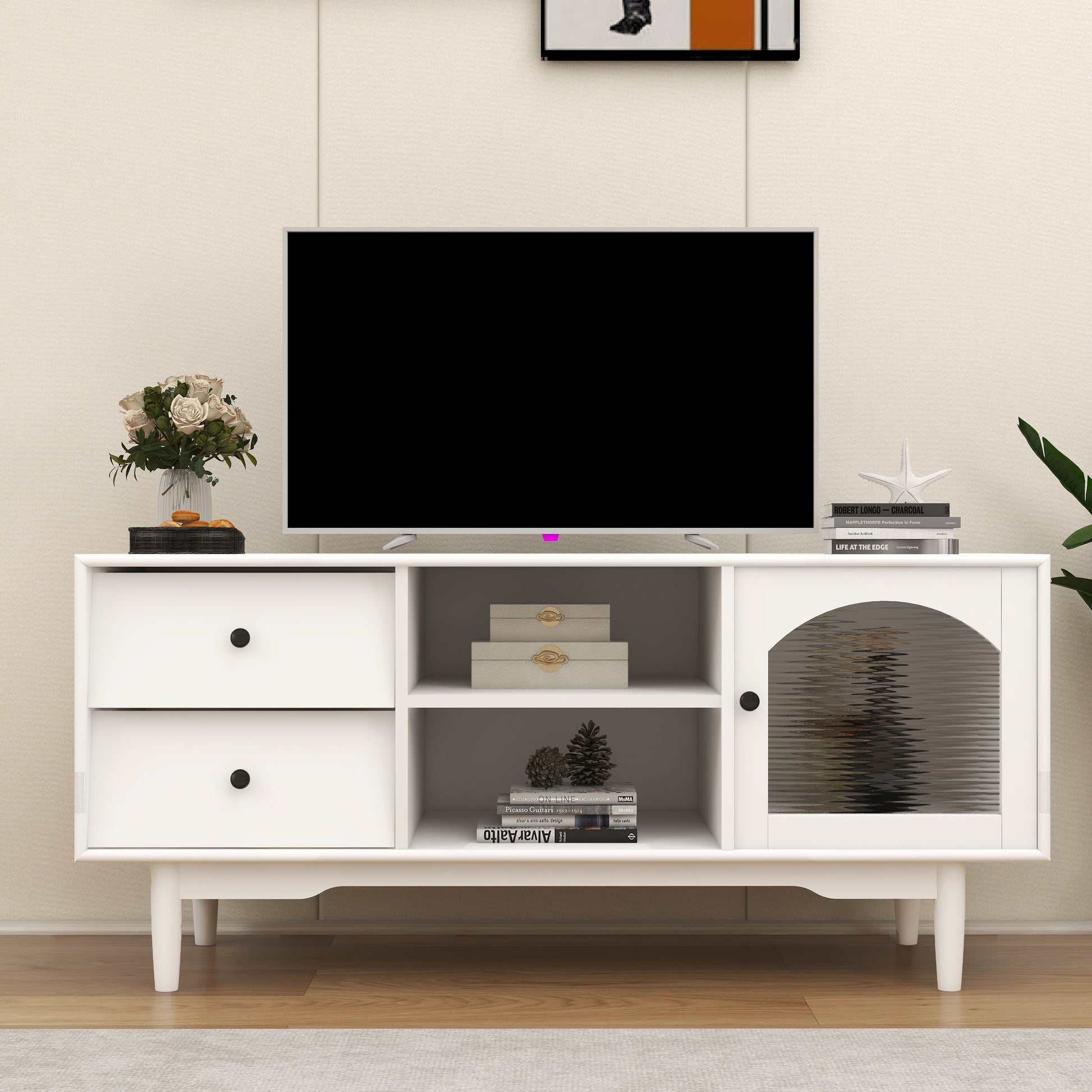 Living Room White Tv Stand With Drawers And Open Shelves, A Cabinet With Glass Doors For Storage White Mdf