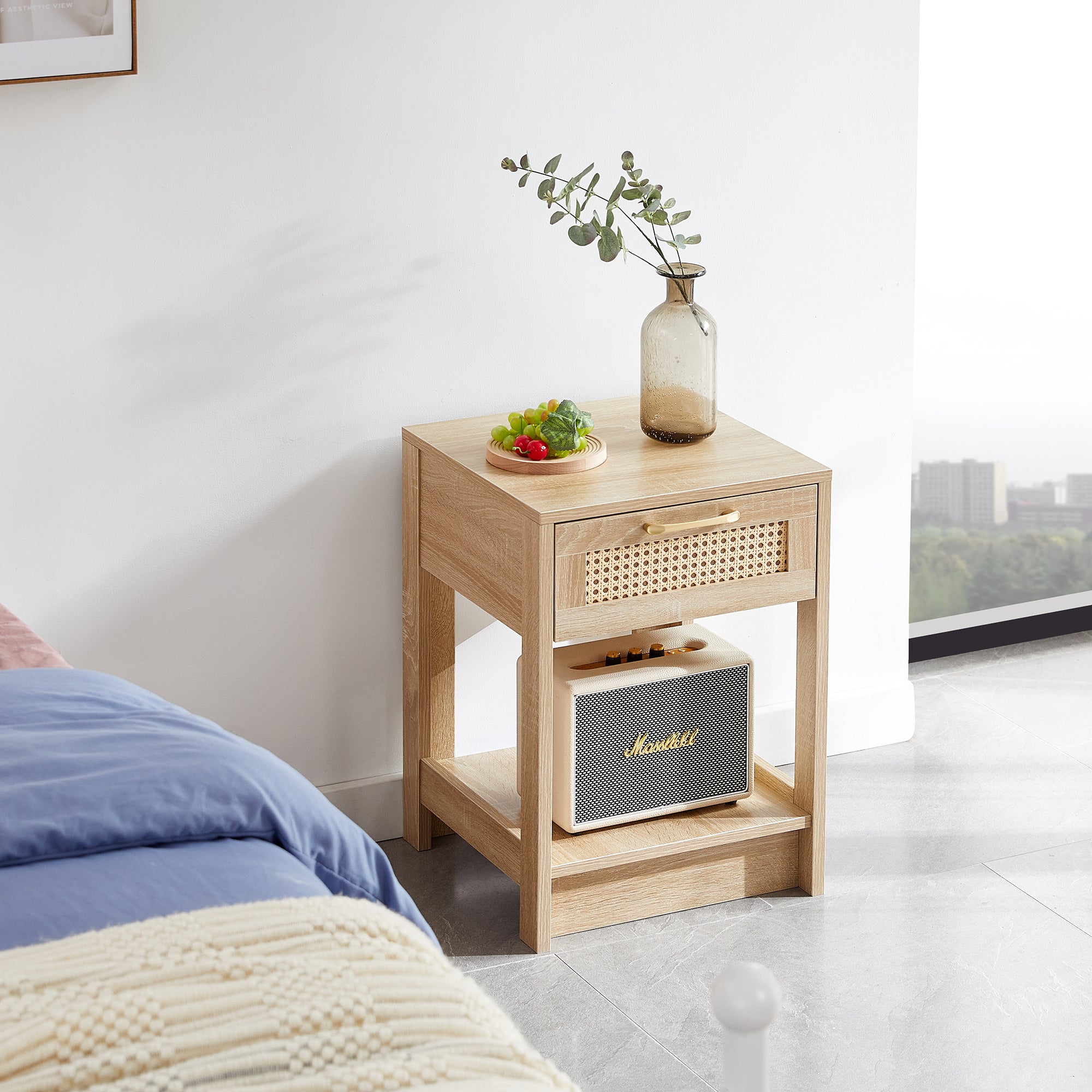 15.75" Rattan End Table With Drawer, Modern Nightstand, Side Table For Living Room, Bedroom,Natural Natural Mdf