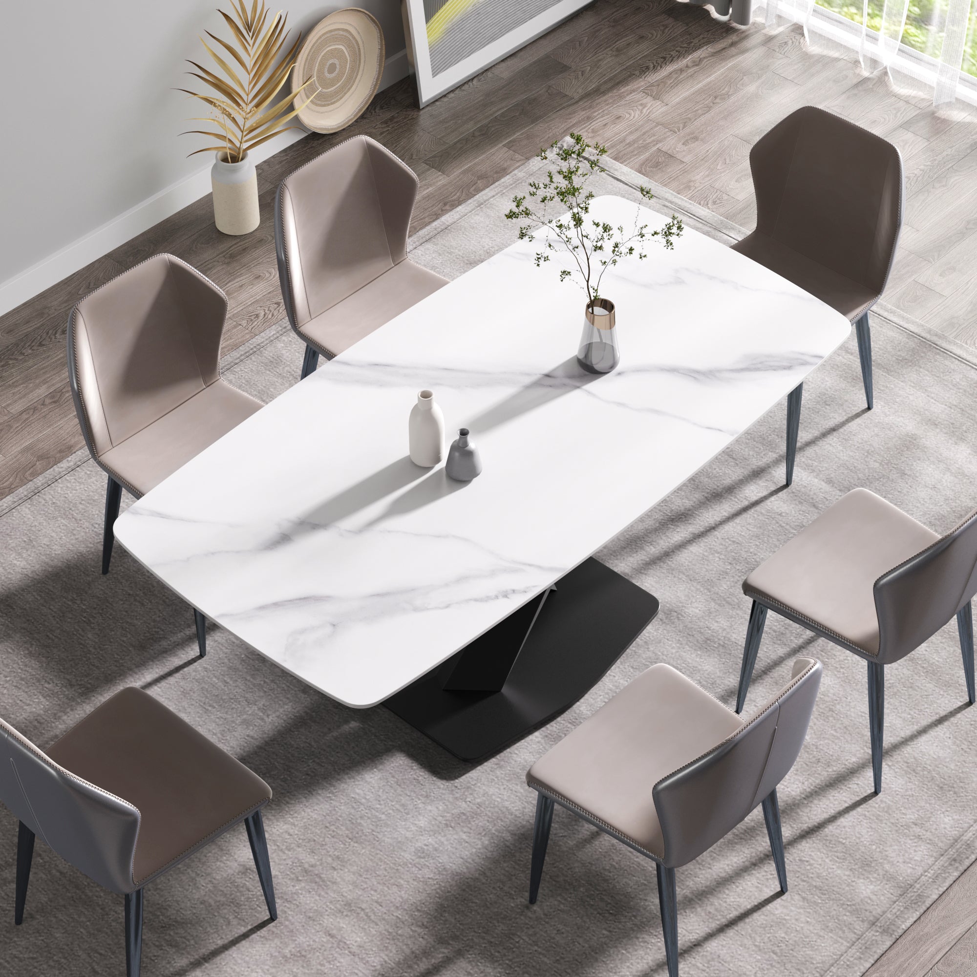 70.87"Modern Artificial Stone White Curved Black Metal Leg Dining Table Can Accommodate 6 8 People White Metal Sintered Stone