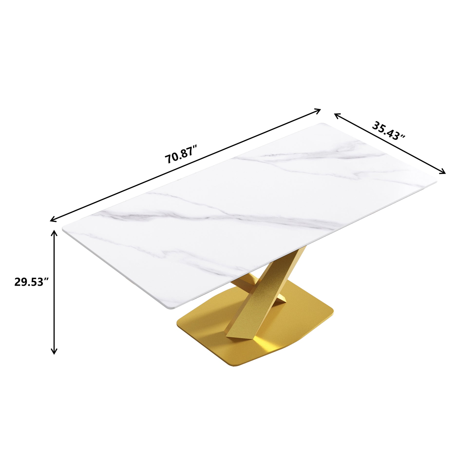 70.87" Modern Artificial Stone White Straight Edge Golden Metal Leg Dining Table Can Accommodate 6 8 People White Metal Sintered Stone