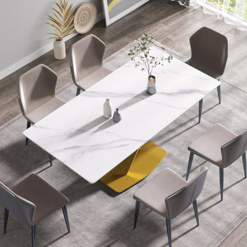 70.87" Modern Artificial Stone White Straight Edge Golden Metal Leg Dining Table Can Accommodate 6 8 People White Metal Sintered Stone