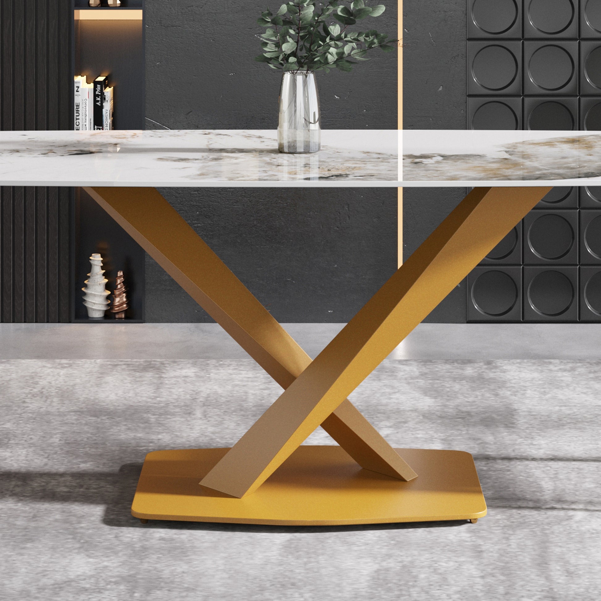 70.87"Modern Artificial Stone Pandora White Curved Golden Metal Leg Dining Table Can Accommodate 6 8 People Antique White Metal Sintered Stone