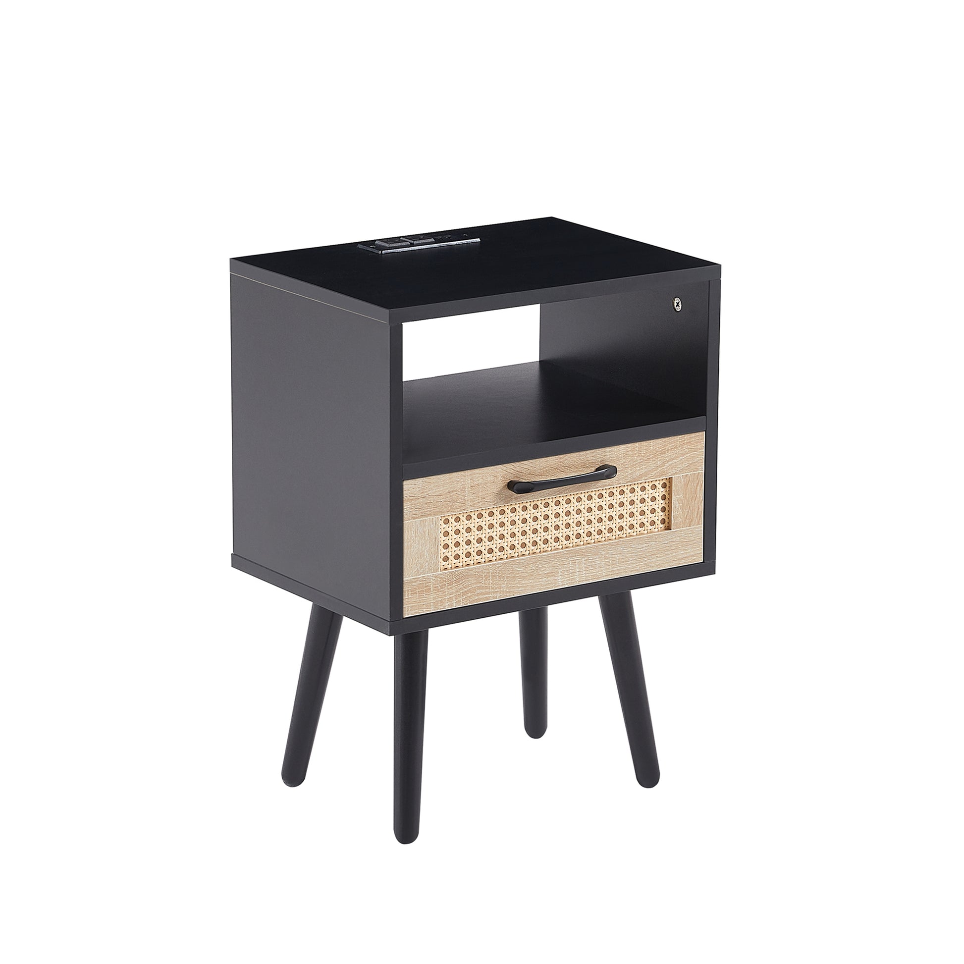 15.75" Rattan End Table With Power Outlet & Usb Portsmodern Nightstand With Drawer And Solid Wood Legs, Side Table For Living Room, Bedroom,Black Black Solid Wood Mdf