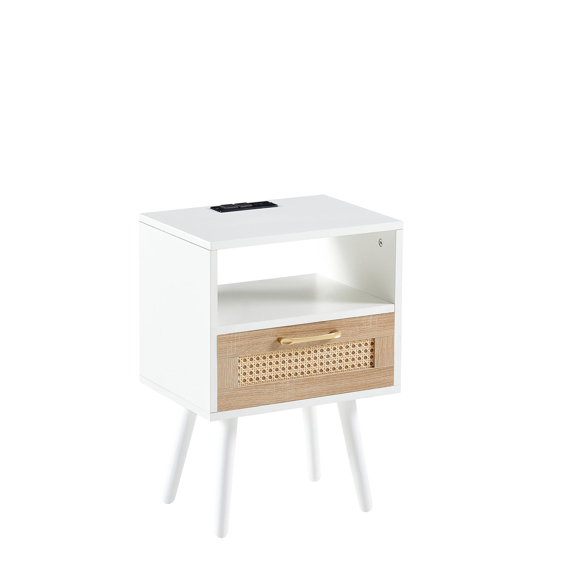 15.75" Rattan End Table With Power Outlet & Usb Portsmodern Nightstand With Drawer And Solid Wood Legs, Side Table For Living Room, Bedroom, White White Solid Wood Mdf
