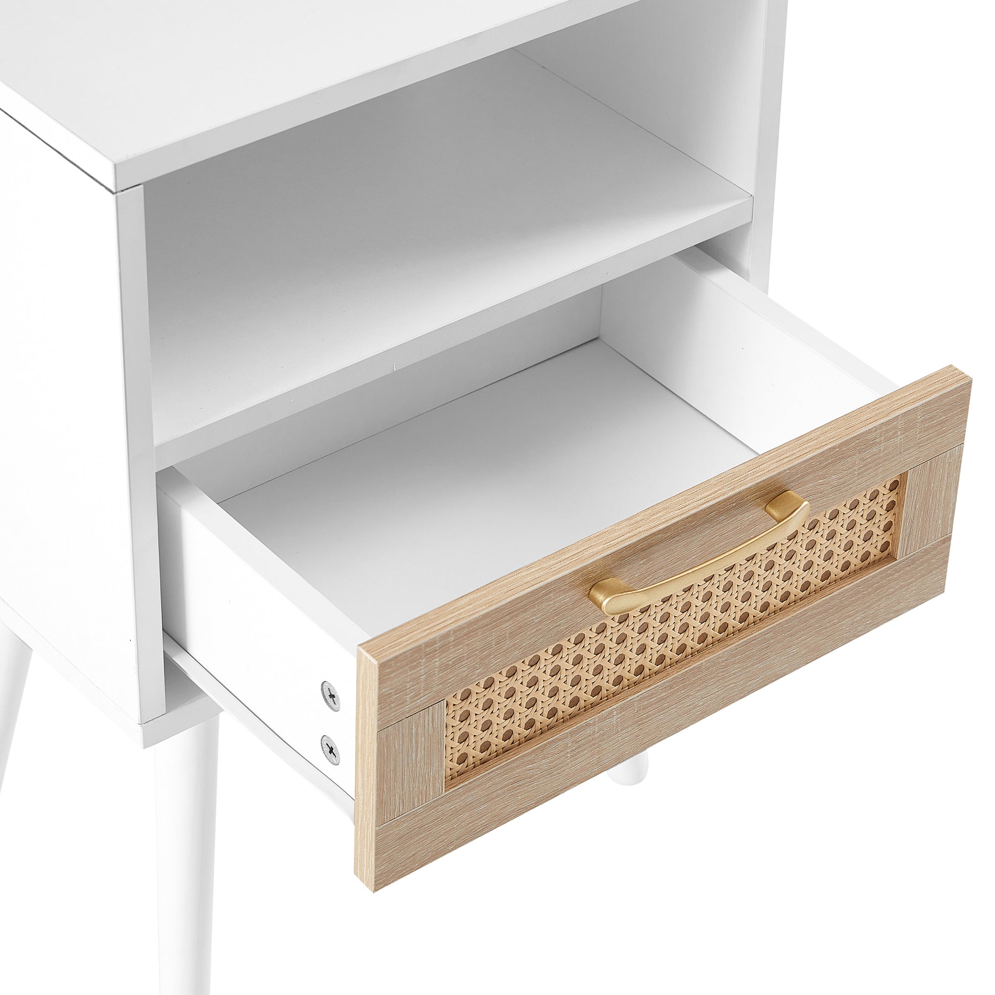 15.75" Rattan End Table With Power Outlet & Usb Portsmodern Nightstand With Drawer And Solid Wood Legs, Side Table For Living Room, Bedroom, White White Solid Wood Mdf