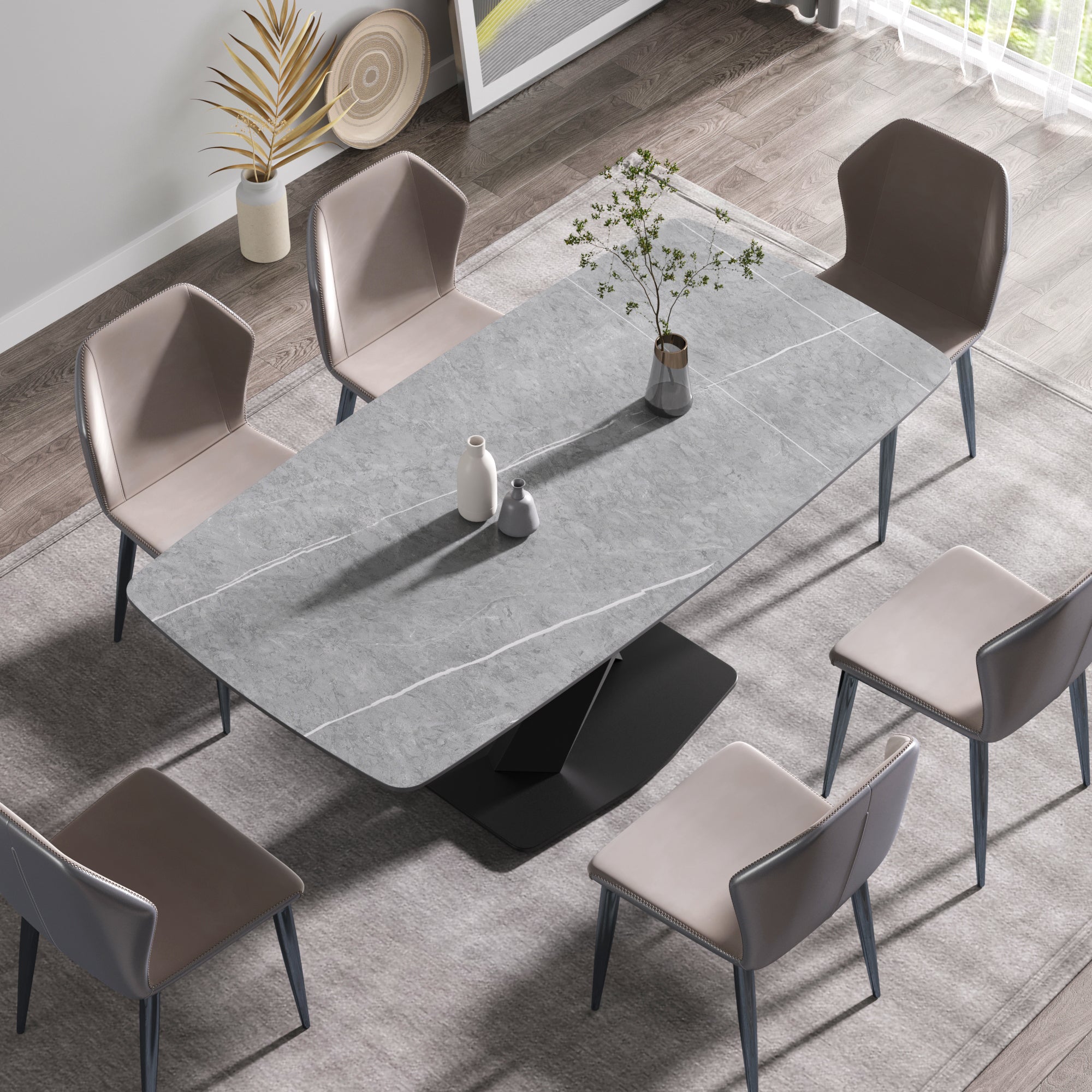 70.87"Modern Artificial Stone Gray Curved Black Metal Leg Dining Table Can Accommodate 6 8 People Gray Metal Sintered Stone