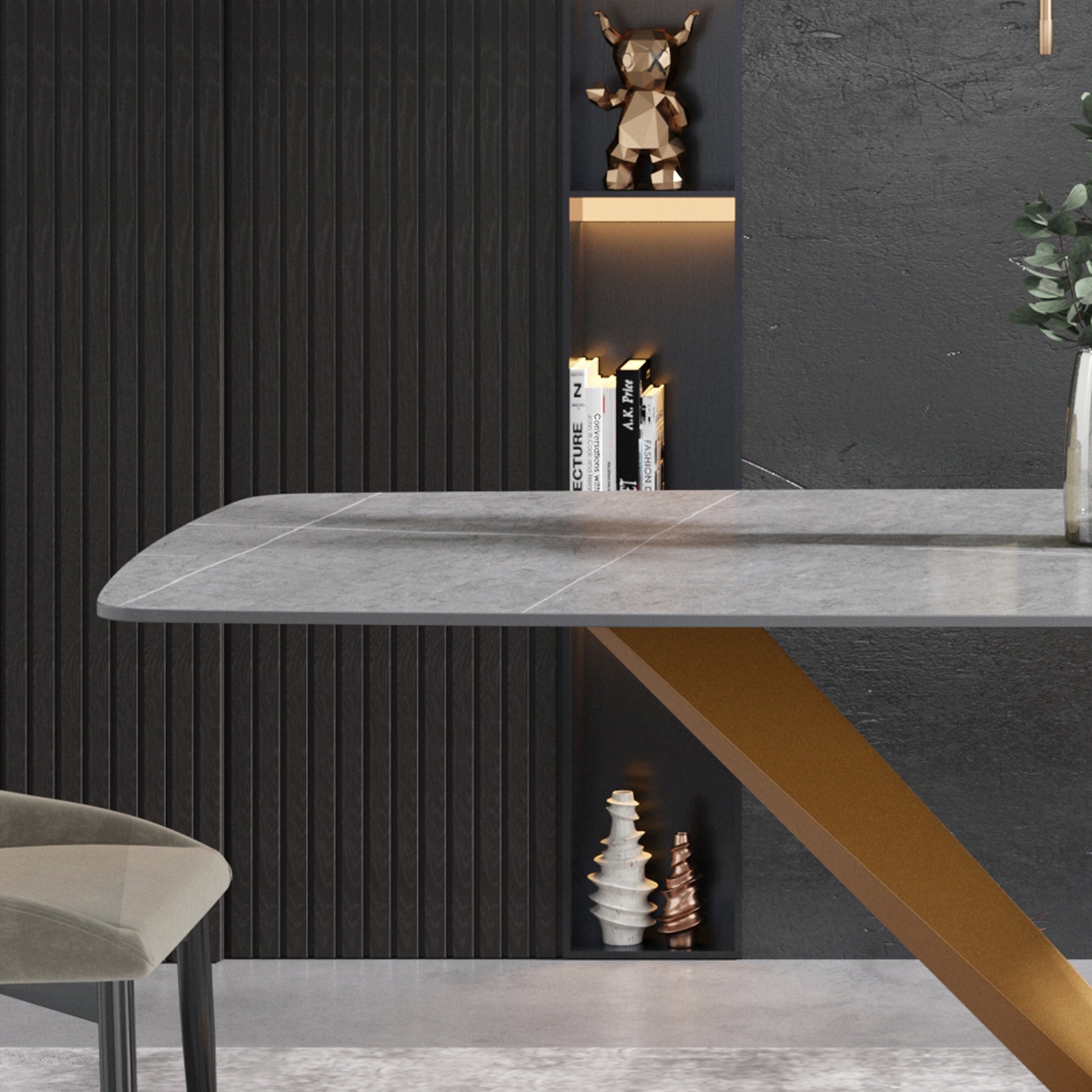 70.87"Modern Artificial Stone Gray Curved Golden Metal Leg Dining Table Can Accommodate 6 8 People Gray Metal Sintered Stone