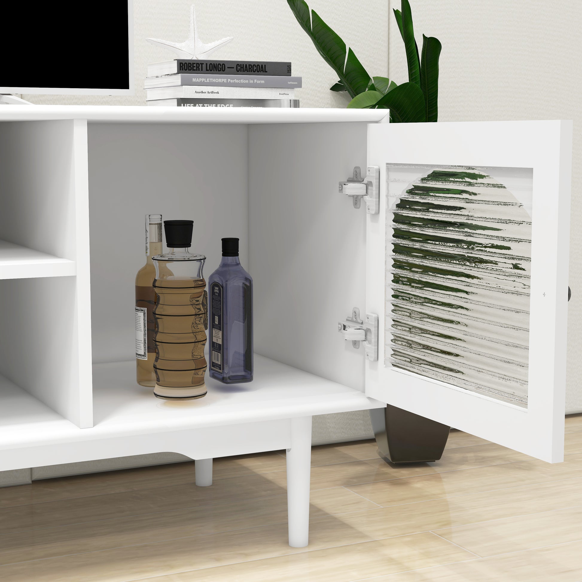 Living Room White Tv Stand With Drawers And Open Shelves, A Cabinet With Glass Doors For Storage White Mdf