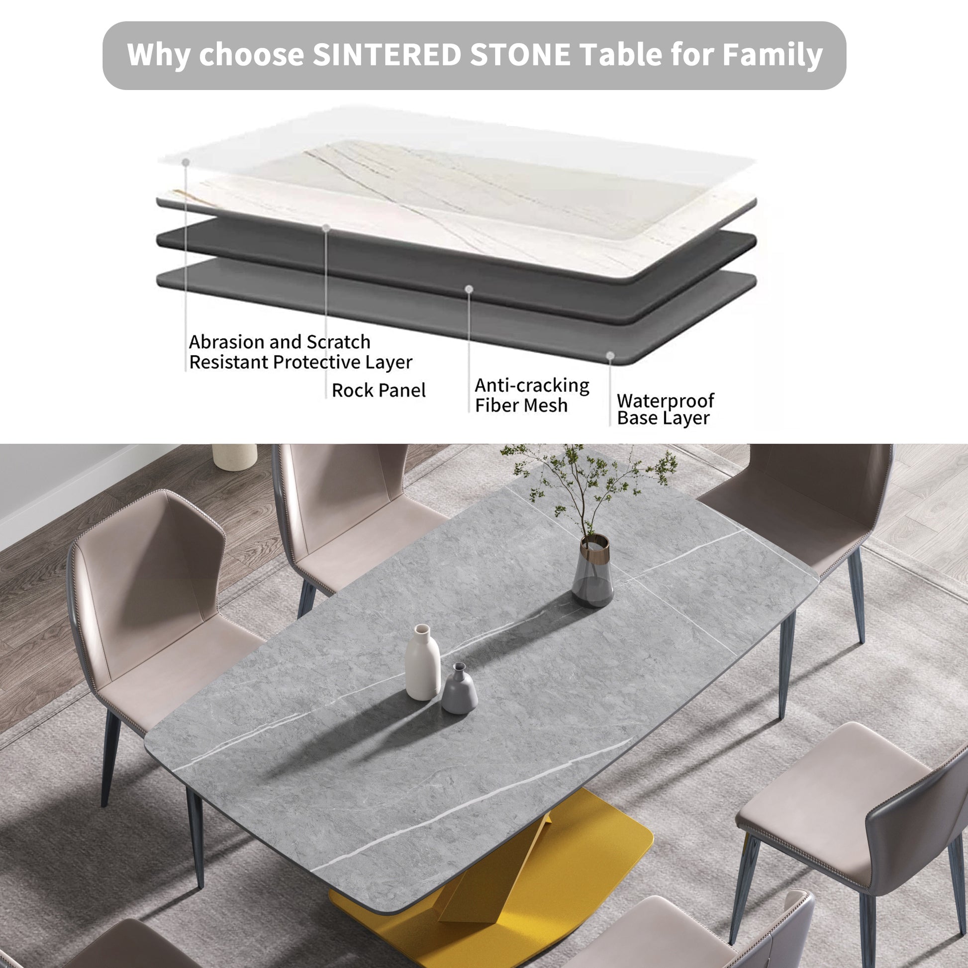 70.87"Modern Artificial Stone Gray Curved Golden Metal Leg Dining Table Can Accommodate 6 8 People Gray Metal Sintered Stone