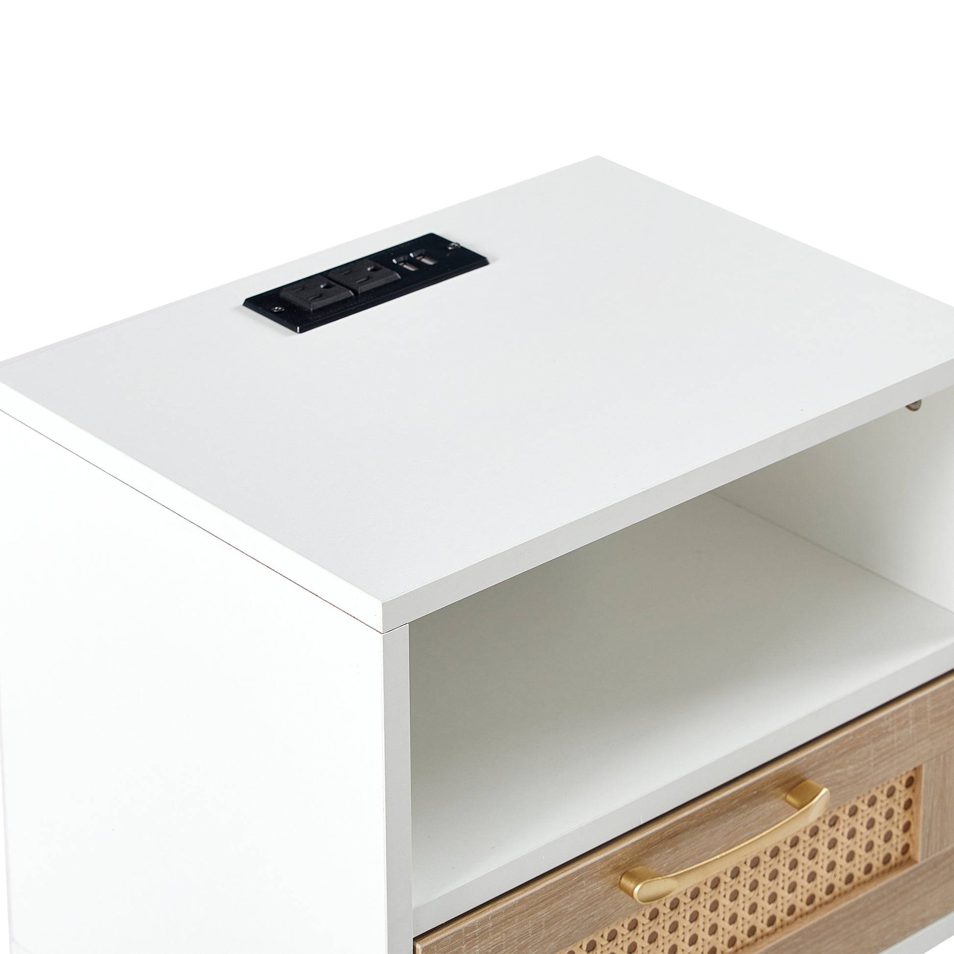 15.75" Rattan End Table With Power Outlet & Usb Portsmodern Nightstand With Drawer And Solid Wood Legs, Side Table For Living Room, Bedroom, White White Solid Wood Mdf