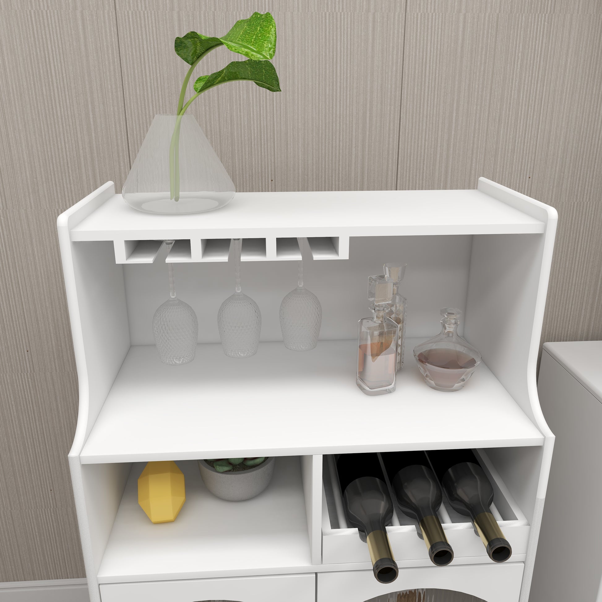 Living Room White Wine Cabinet With Removable Wine Rack And Wine Glass Rack, A Glass Door Cabinet White Mdf