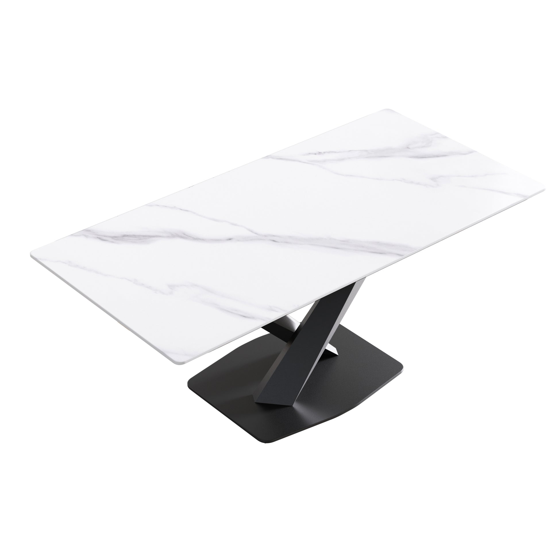 70.87" Modern Artificial Stone White Straight Edge Black Metal Leg Dining Table Can Accommodate 6 8 People White Metal Sintered Stone