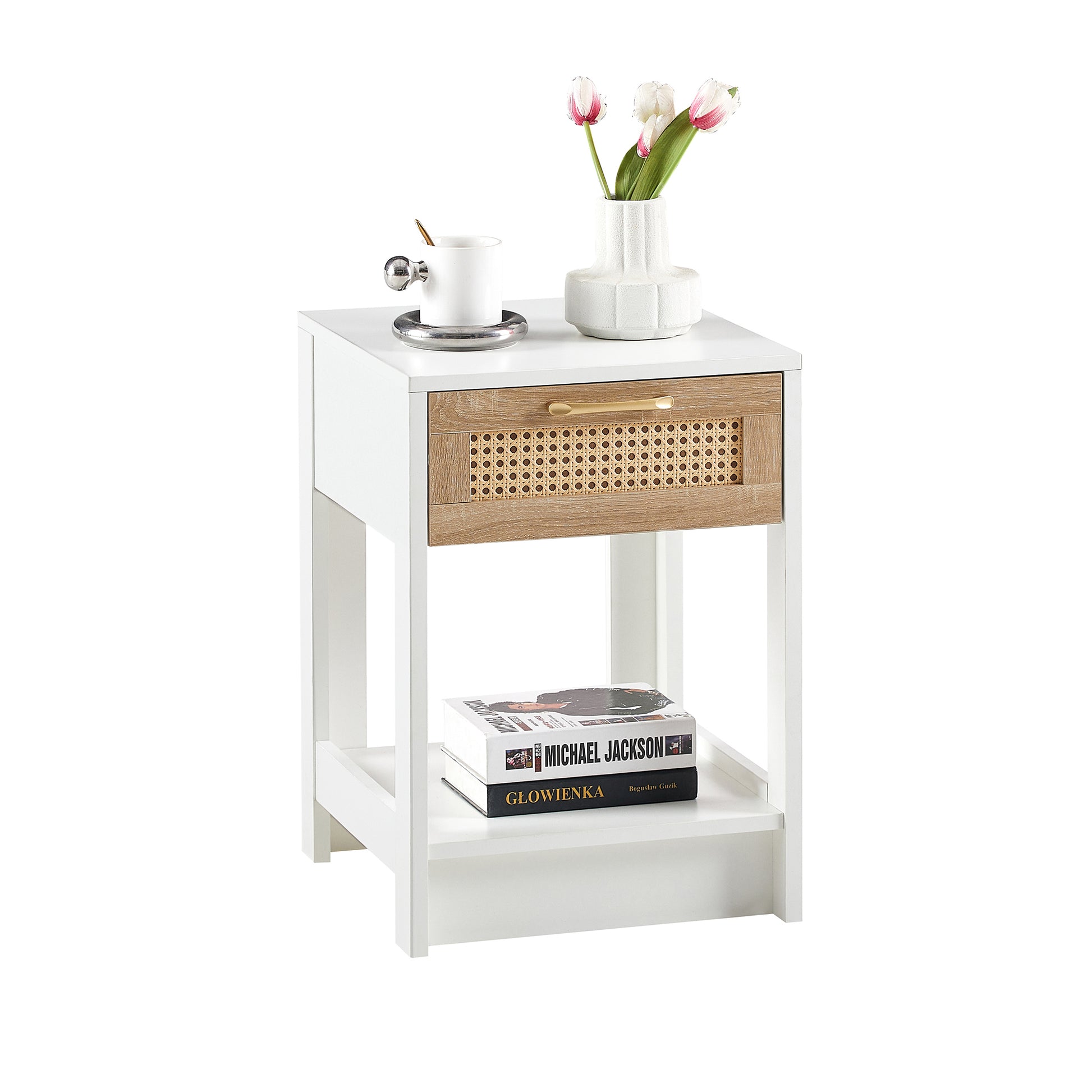 15.75" Rattan End Table With Drawer, Modern Nightstand, Side Table For Living Room, Bedroom,White White Mdf