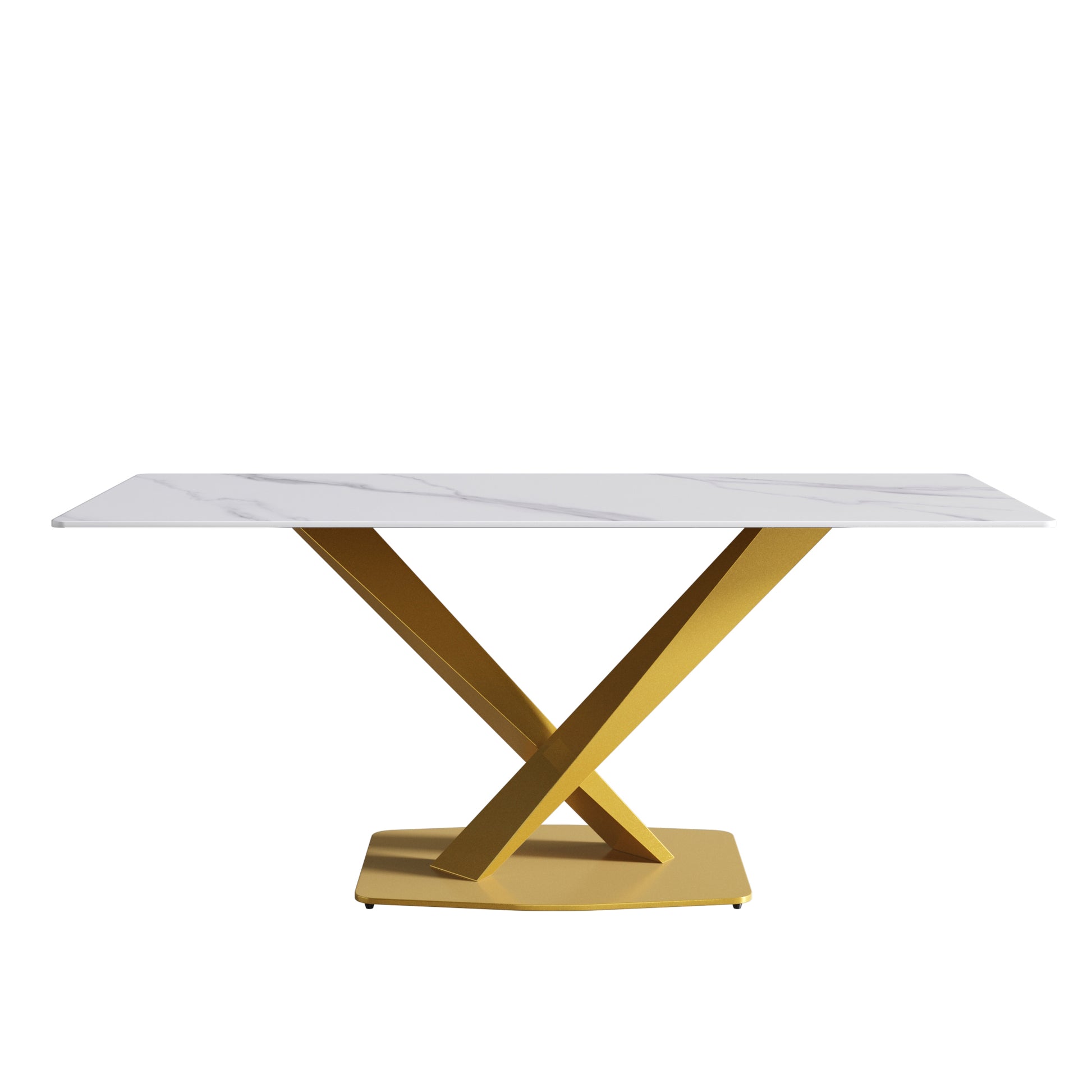 70.87" Modern Artificial Stone White Straight Edge Golden Metal Leg Dining Table Can Accommodate 6 8 People White Metal Sintered Stone