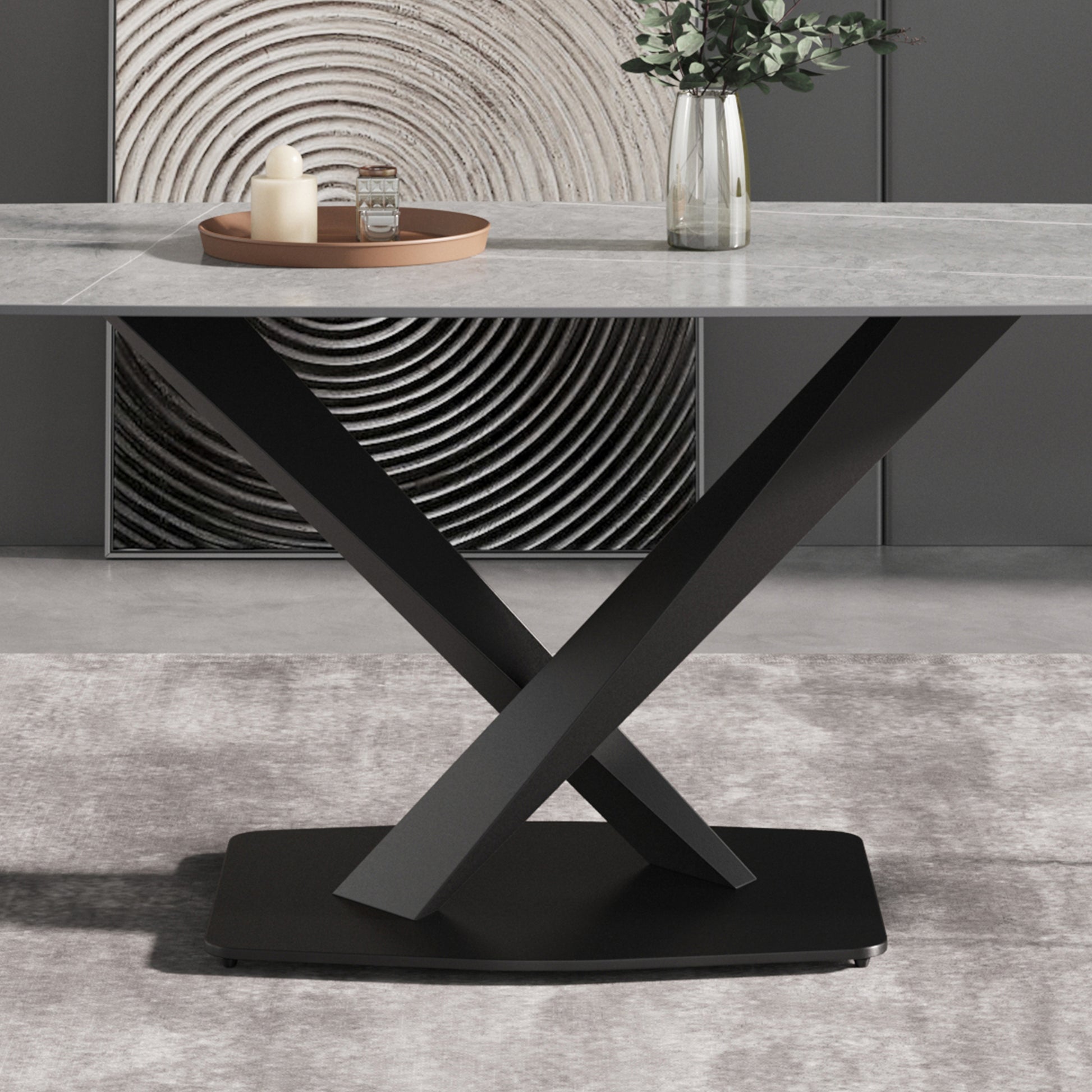 70.87"Modern Artificial Stone Gray Curved Black Metal Leg Dining Table Can Accommodate 6 8 People Gray Metal Sintered Stone