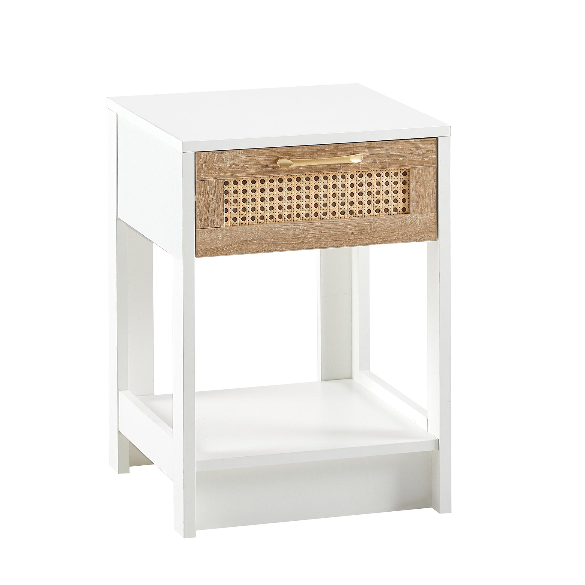 15.75" Rattan End Table With Drawer, Modern Nightstand, Side Table For Living Room, Bedroom,White White Mdf