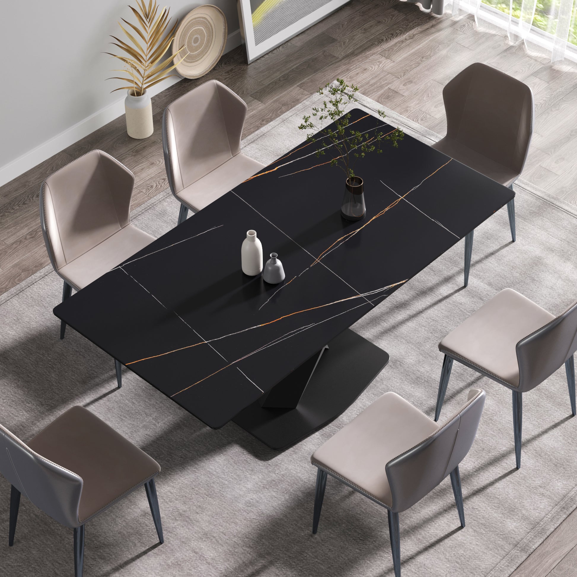 70.87" Modern Artificial Stone Black Straight Edge Black Metal Leg Dining Table Can Accommodate 6 8 People Black Metal Sintered Stone