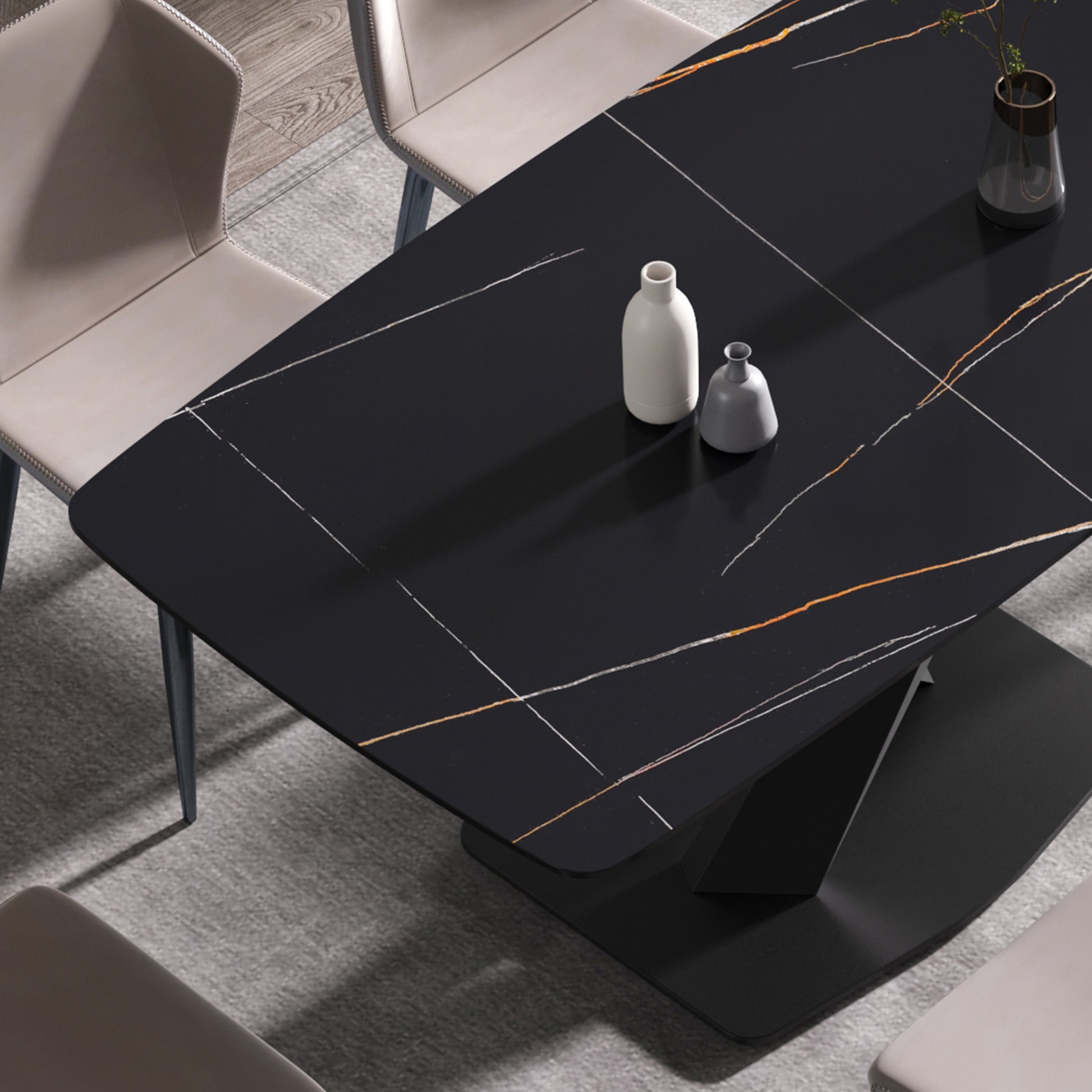 70.87"Modern Artificial Stone Black Curved Black Metal Leg Dining Table Can Accommodate 6 8 People Black Metal Sintered Stone