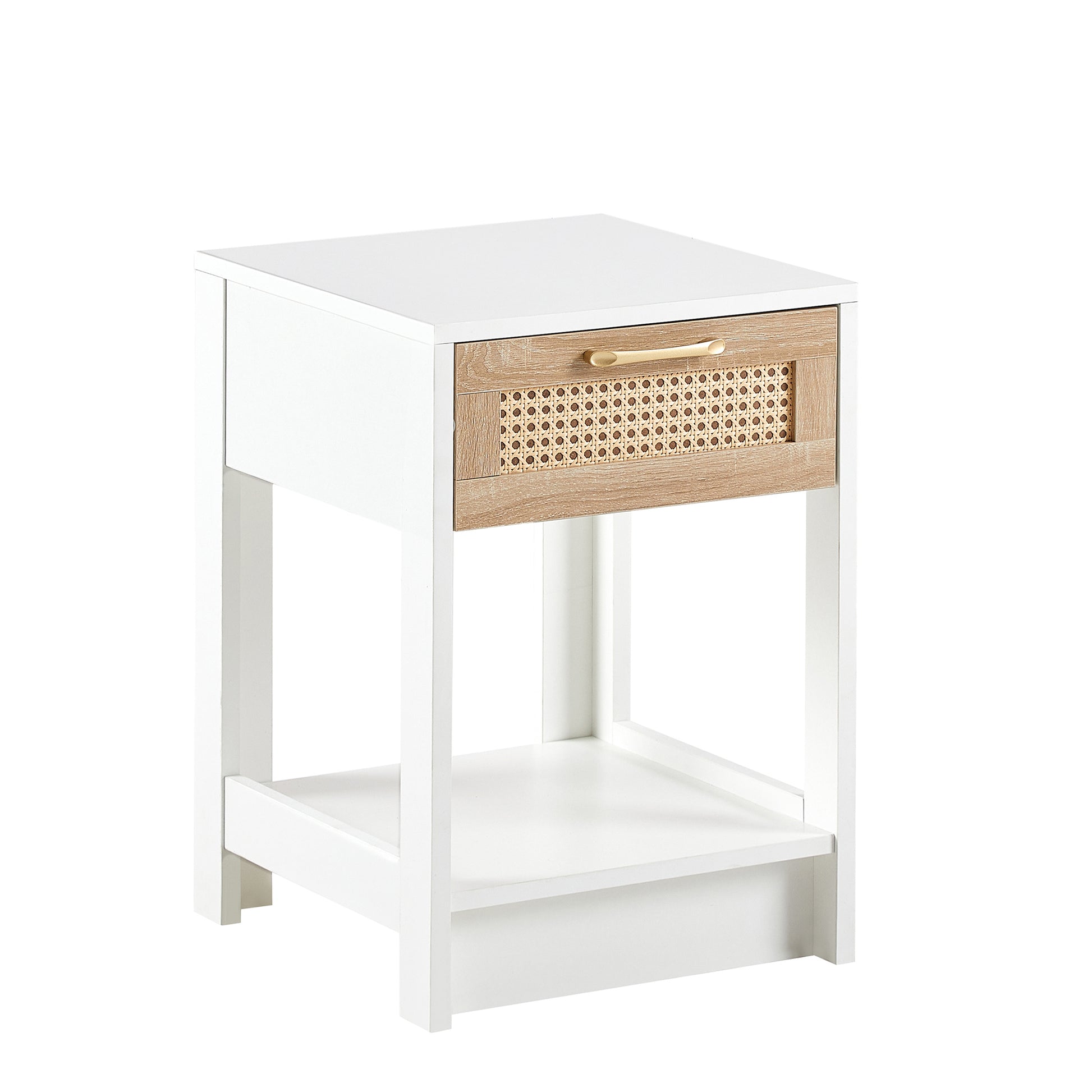 15.75" Rattan End Table With Drawer, Modern Nightstand, Side Table For Living Room, Bedroom,White White Mdf