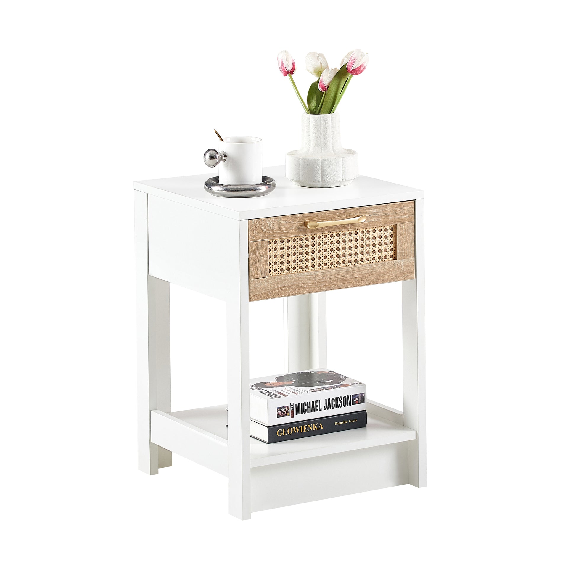 15.75" Rattan End Table With Drawer, Modern Nightstand, Side Table For Living Room, Bedroom,White White Mdf