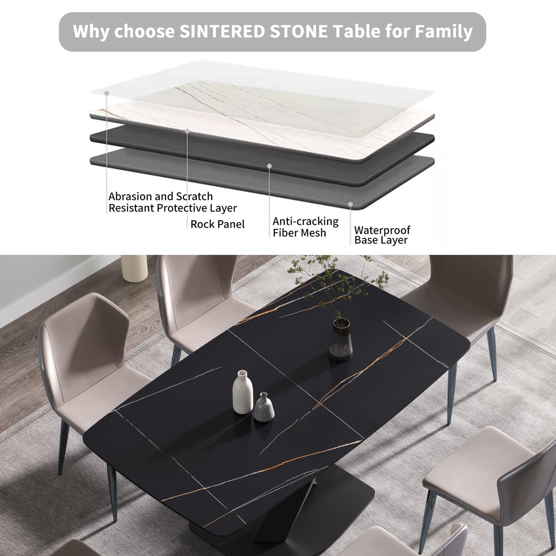 70.87"Modern Artificial Stone Black Curved Black Metal Leg Dining Table Can Accommodate 6 8 People Black Metal Sintered Stone