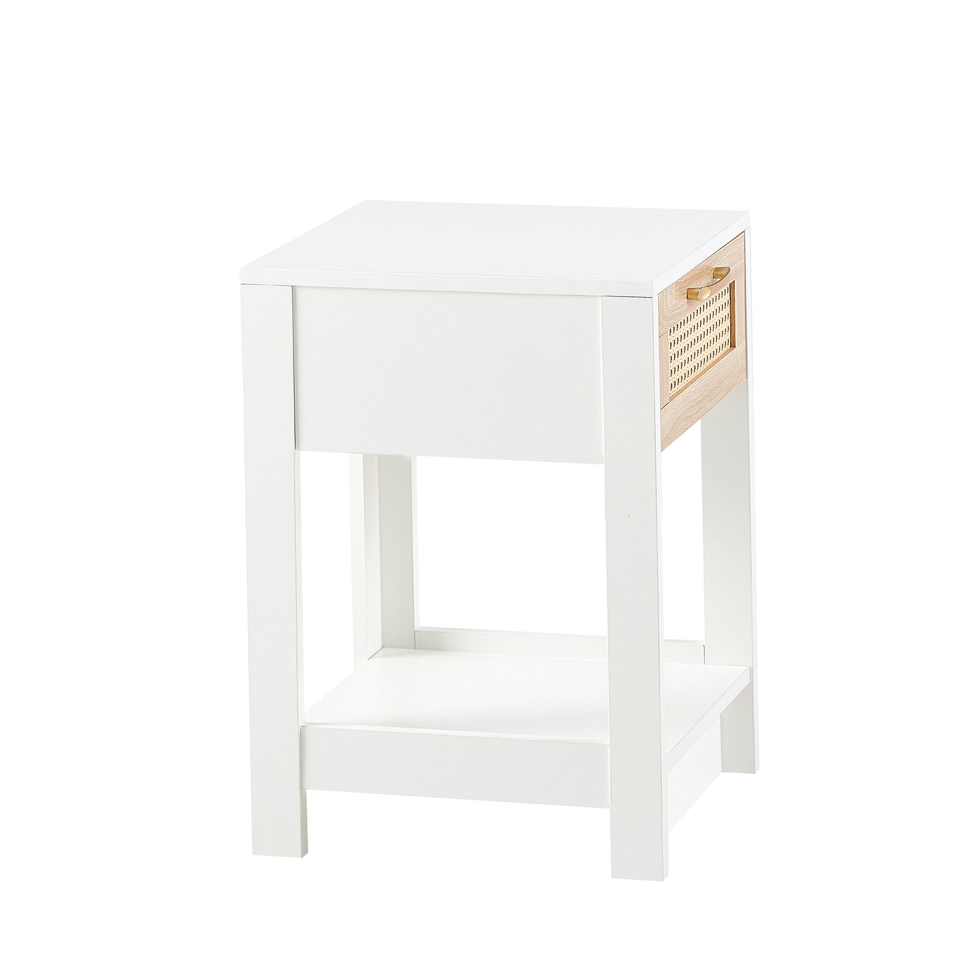 15.75" Rattan End Table With Drawer, Modern Nightstand, Side Table For Living Room, Bedroom,White White Mdf