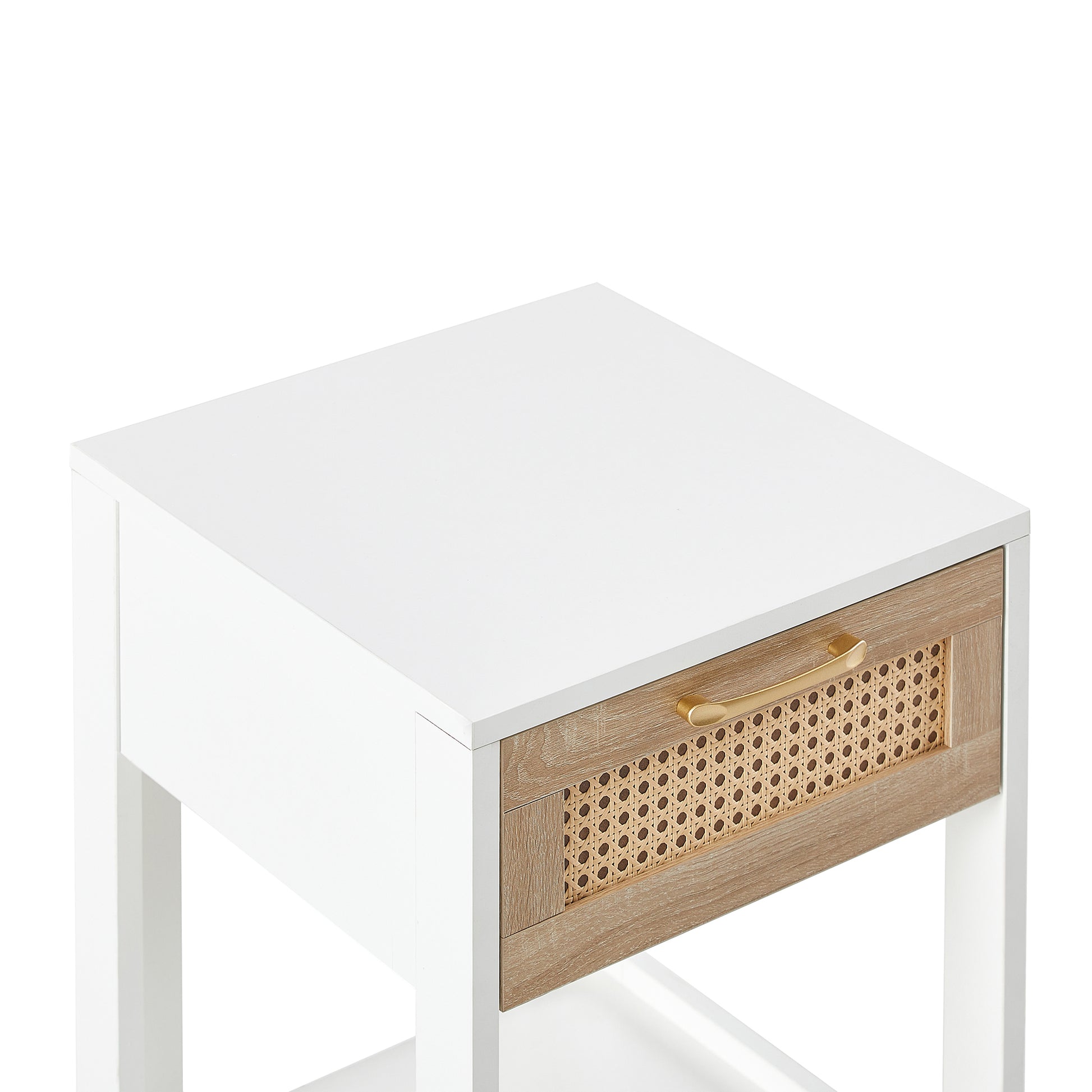 15.75" Rattan End Table With Drawer, Modern Nightstand, Side Table For Living Room, Bedroom,White White Mdf