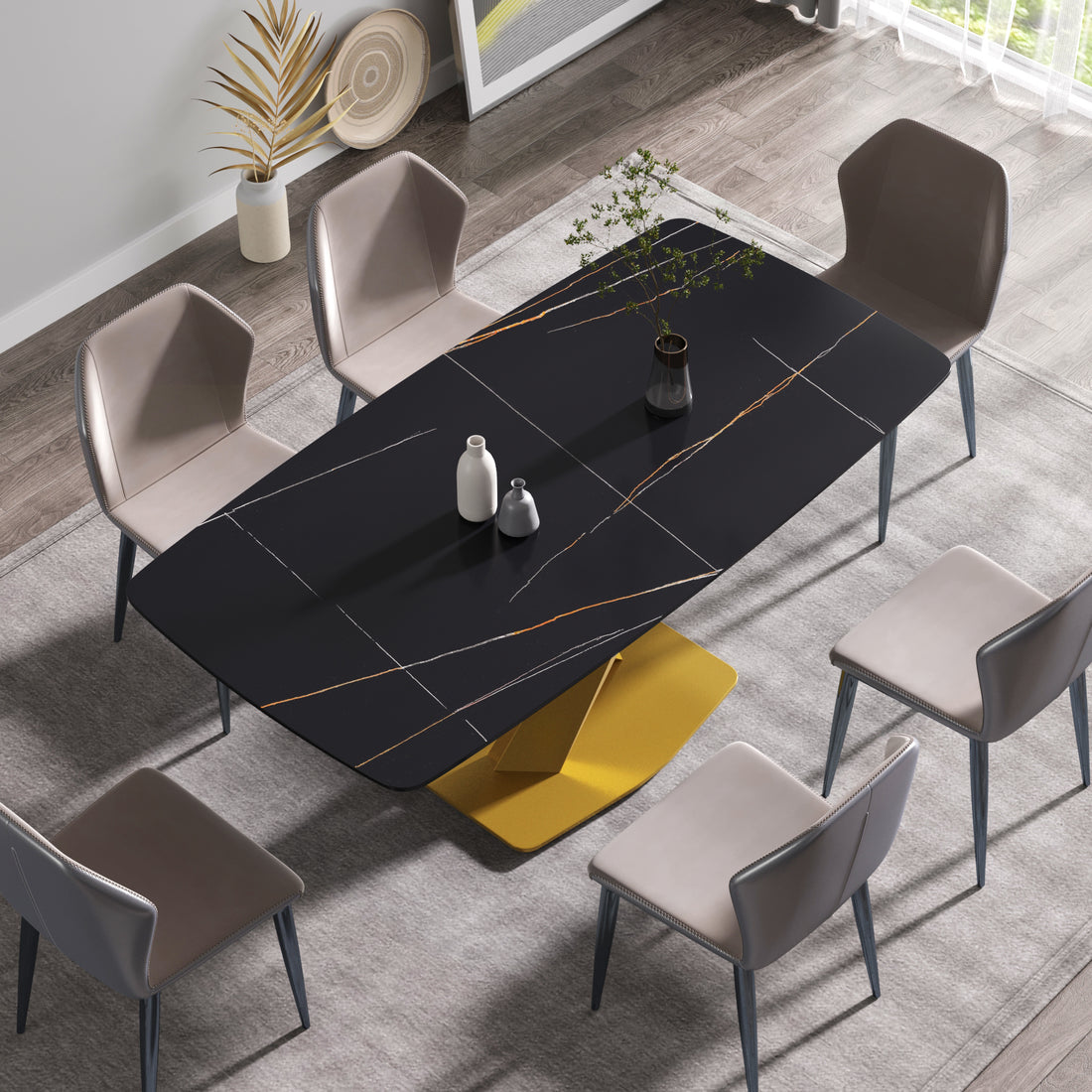 70.87"Modern Artificial Stone Black Curved Golden Metal Leg Dining Table Can Accommodate 6 8 People Black Metal Sintered Stone