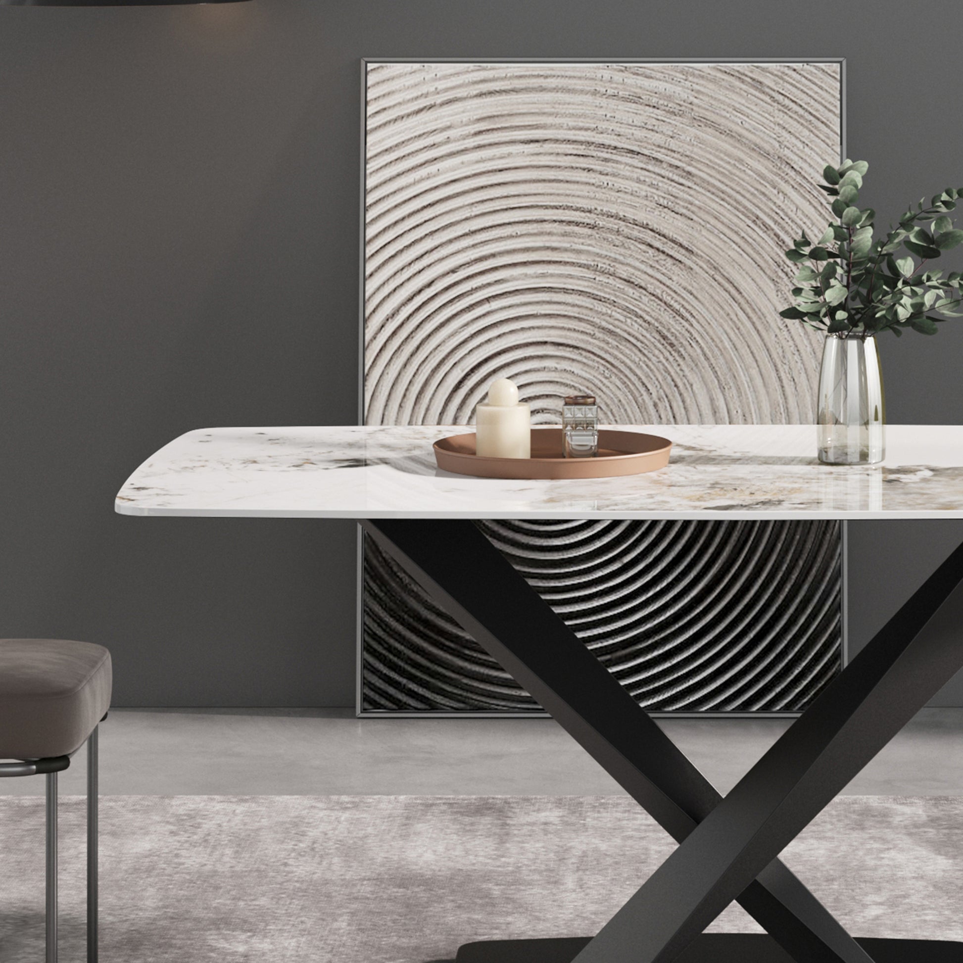 70.87"Modern Artificial Stone Pandora White Curved Black Metal Leg Dining Table Can Accommodate 6 8 People Antique White Metal Sintered Stone