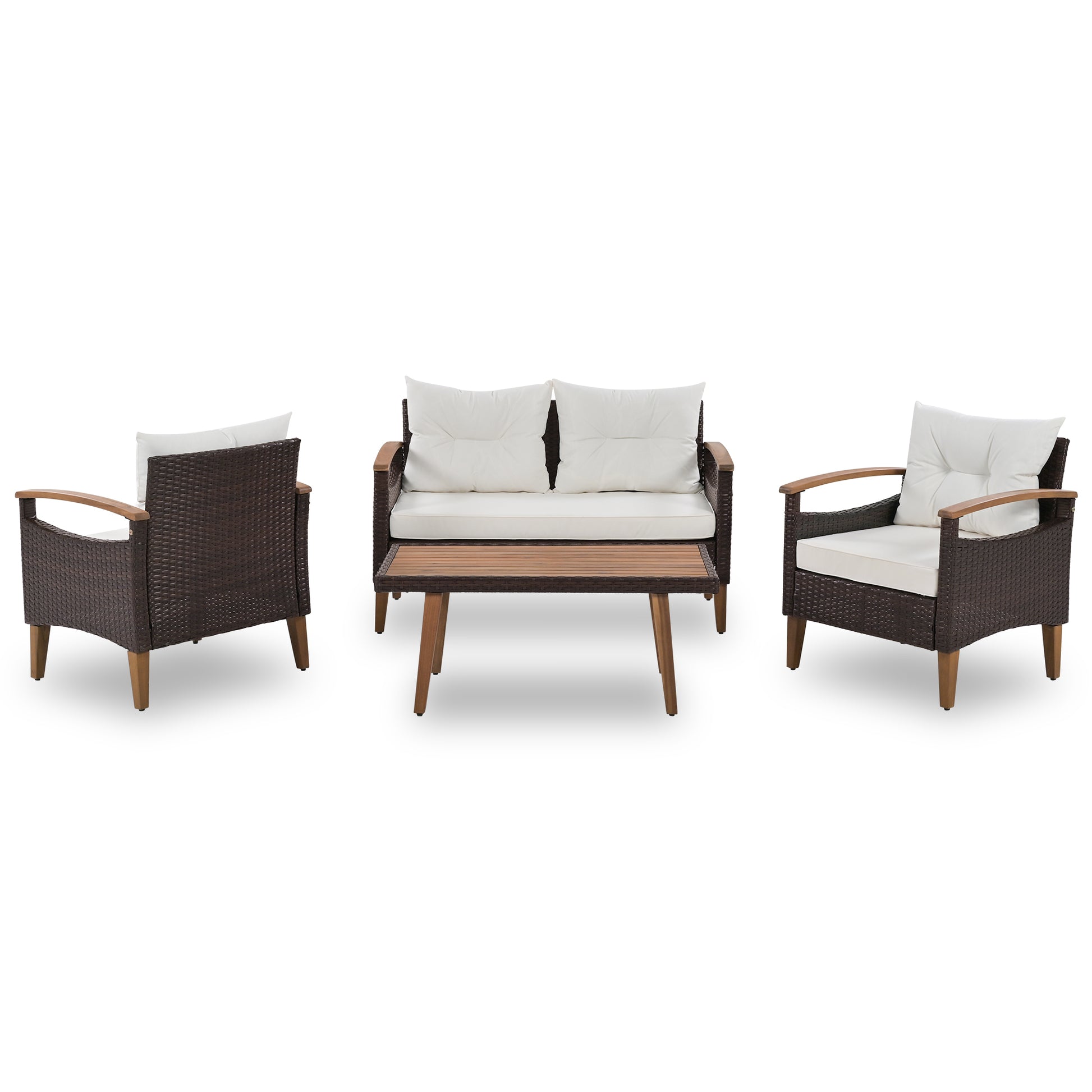4 Piece Garden Furniture, Patio Seating Set, Pe Rattan Outdoor Sofa Set, Wood Table And Legs, Brown And Beige Yes Beige Polyurethane Foam Polyester,Wicker