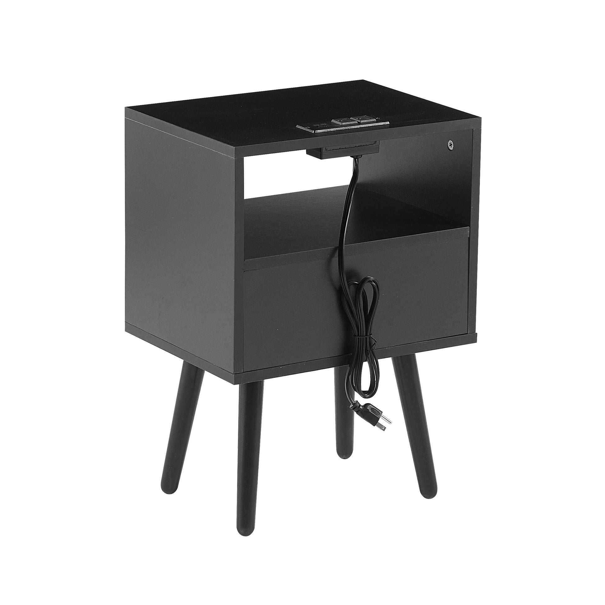 15.75" Rattan End Table With Power Outlet & Usb Portsmodern Nightstand With Drawer And Solid Wood Legs, Side Table For Living Room, Bedroom,Black Black Solid Wood Mdf