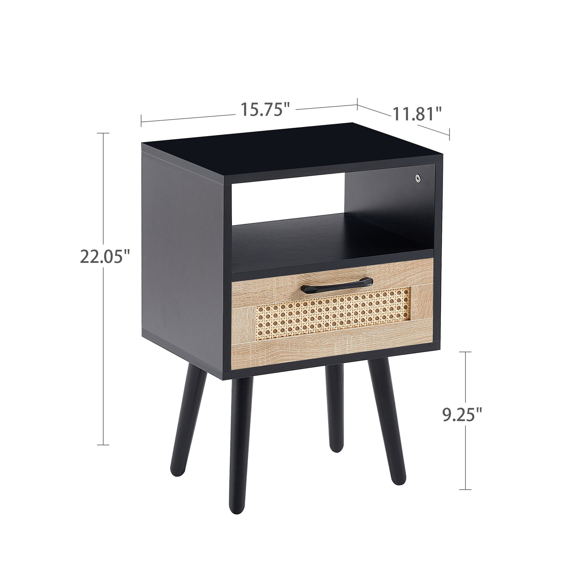 15.75" Rattan End Table With Drawer And Solid Wood Legs, Modern Nightstand, Side Table For Living Room, Bedroom, Black Black Solid Wood Mdf