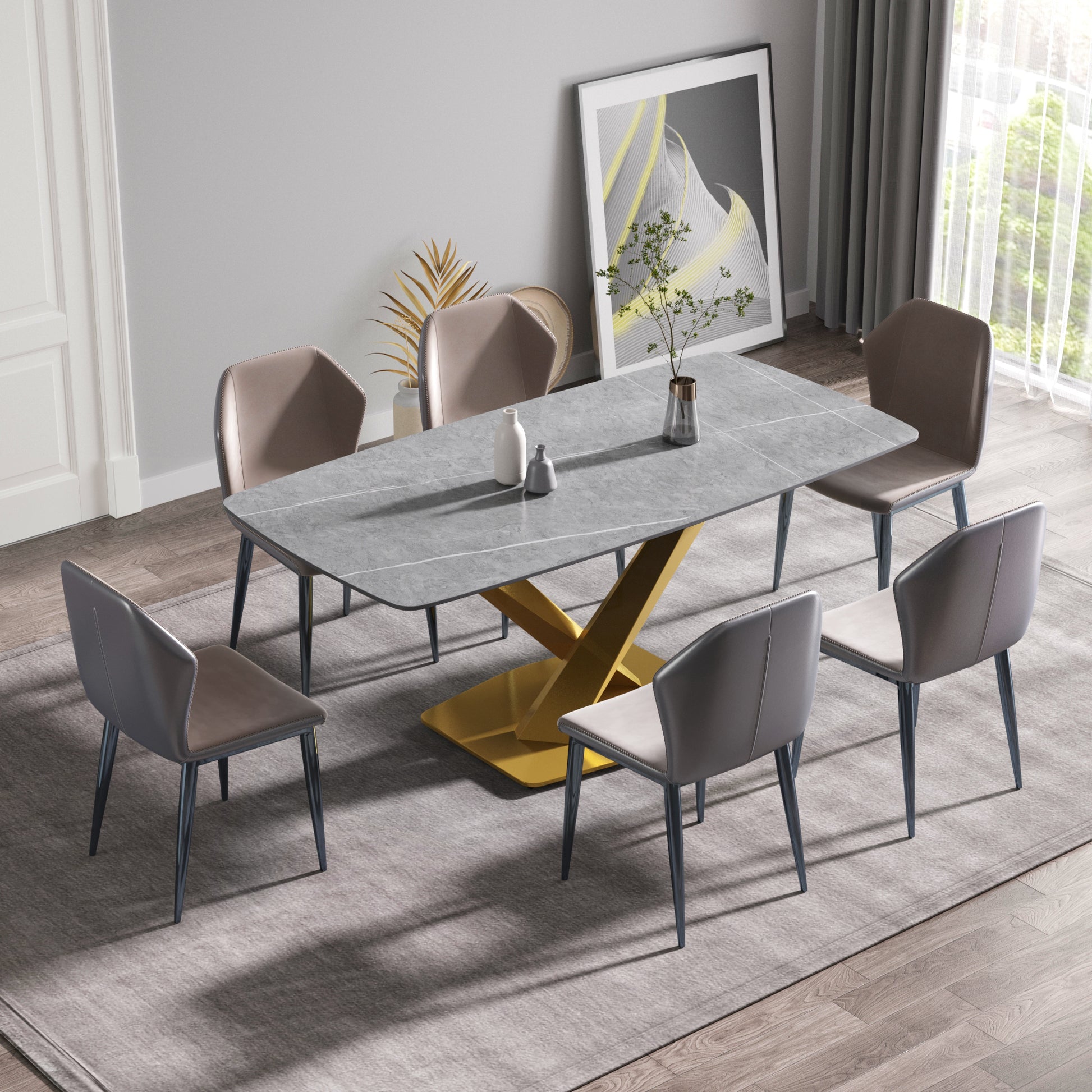 70.87"Modern Artificial Stone Gray Curved Golden Metal Leg Dining Table Can Accommodate 6 8 People Gray Metal Sintered Stone