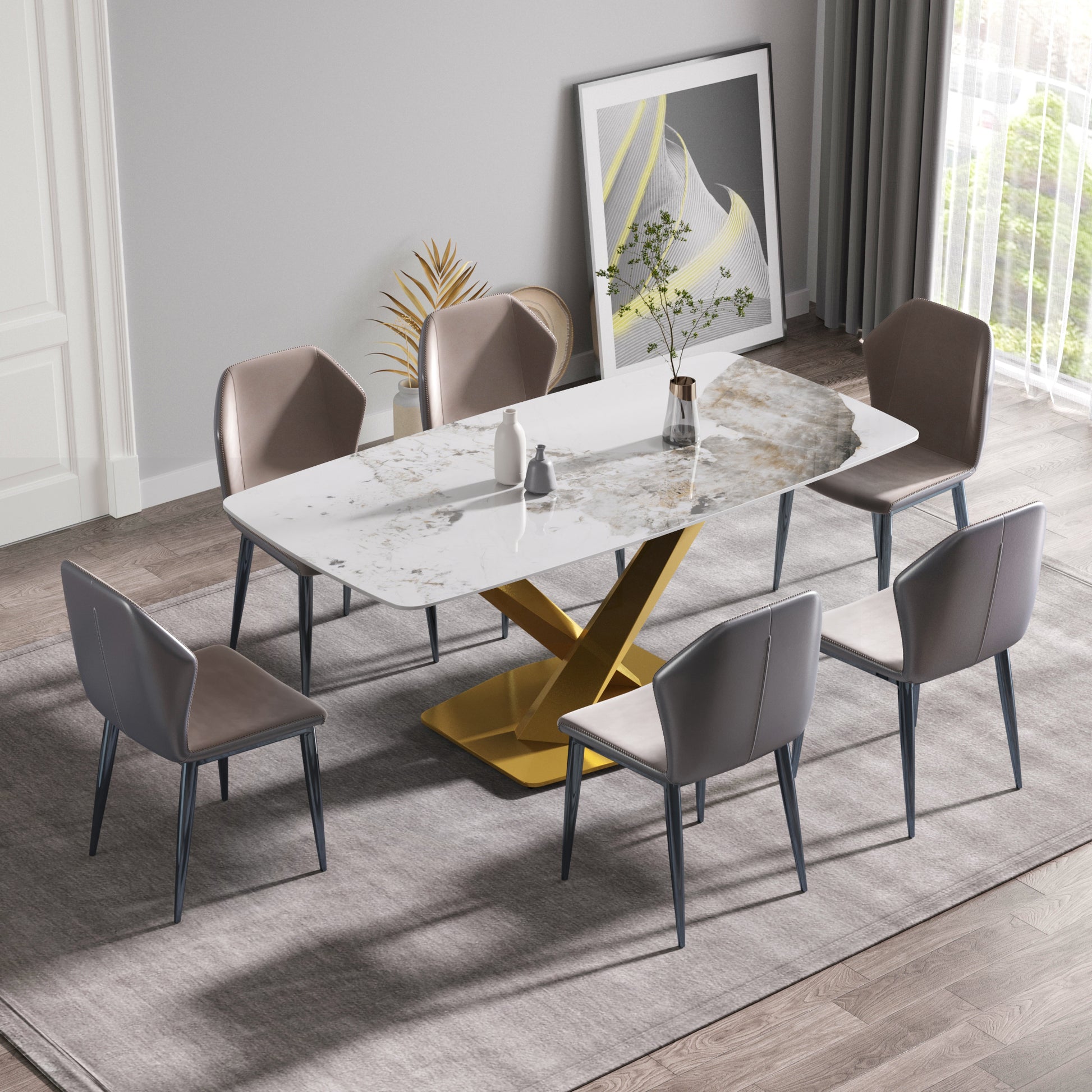 70.87"Modern Artificial Stone Pandora White Curved Golden Metal Leg Dining Table Can Accommodate 6 8 People Antique White Metal Sintered Stone