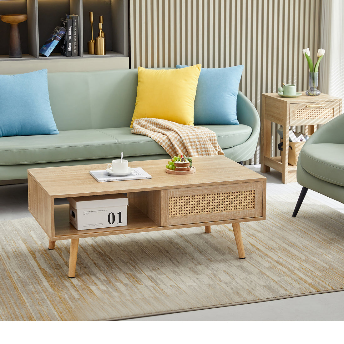 41.34" Rattan Coffee Table, Sliding Door For Storage, Solid Wood Legs, Modern Table For Living Roomnatural Natural Solid Wood Mdf