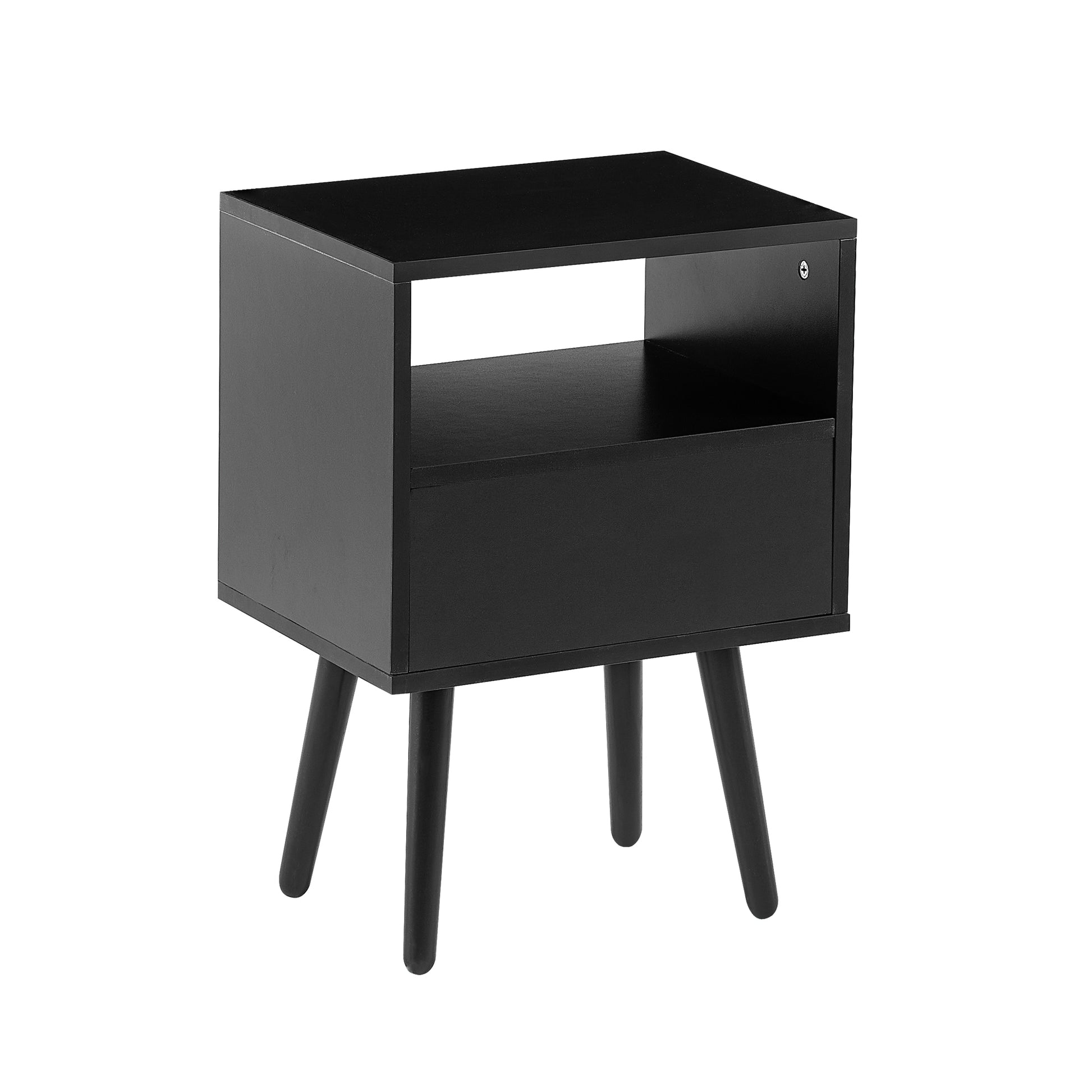 15.75" Rattan End Table With Drawer And Solid Wood Legs, Modern Nightstand, Side Table For Living Room, Bedroom, Black Black Solid Wood Mdf