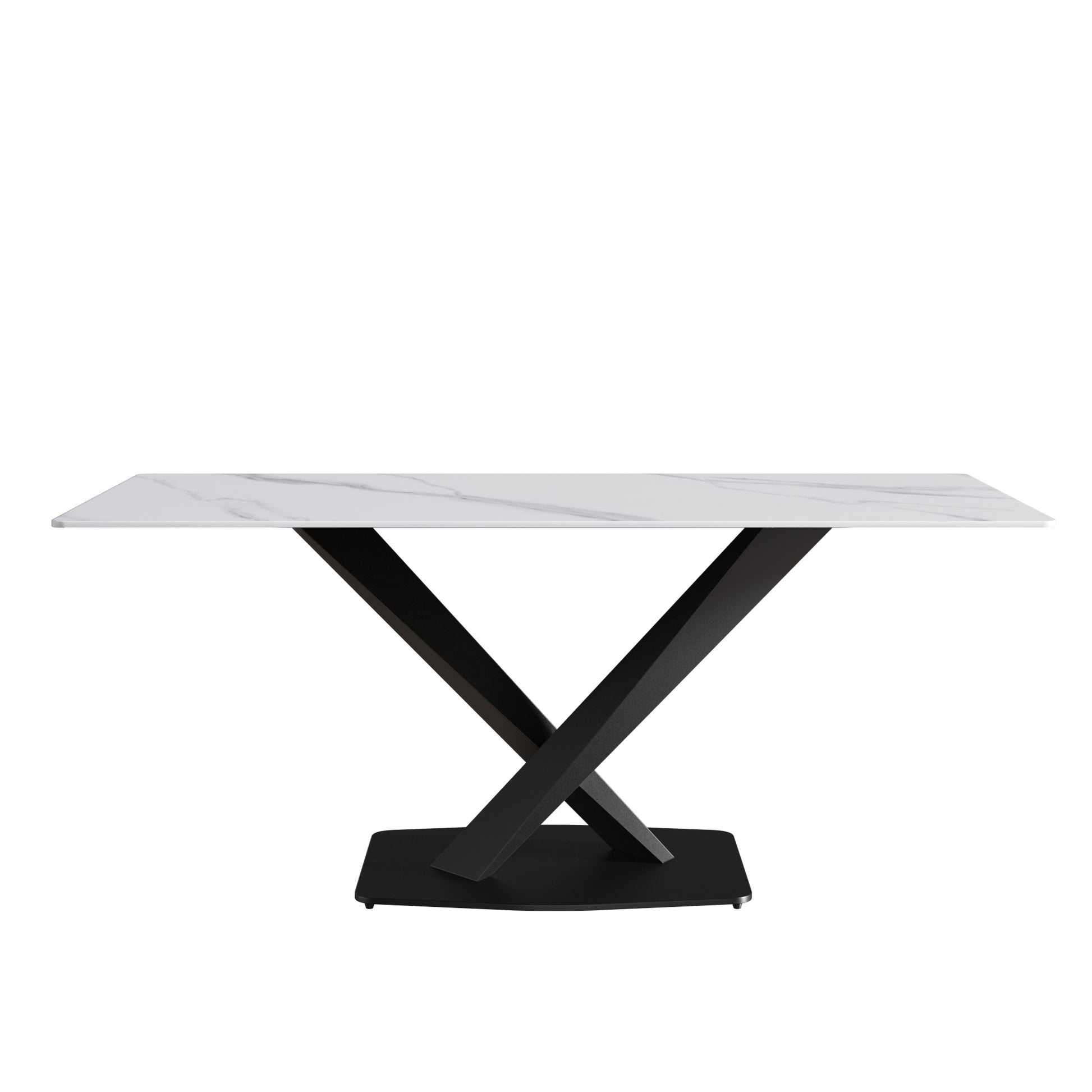 70.87" Modern Artificial Stone White Straight Edge Black Metal Leg Dining Table Can Accommodate 6 8 People White Metal Sintered Stone