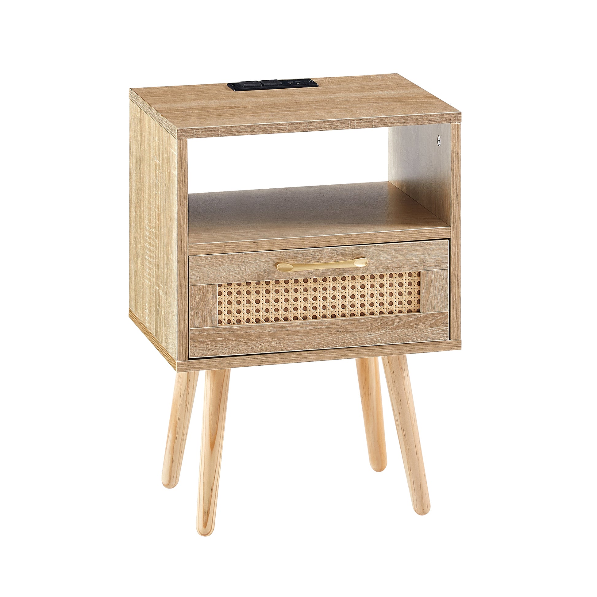 15.75" Rattan End Table With Power Outlet & Usb Portsmodern Nightstand With Drawer And Solid Wood Legs, Side Table For Living Room, Bedroom,Natural Natural Solid Wood Mdf