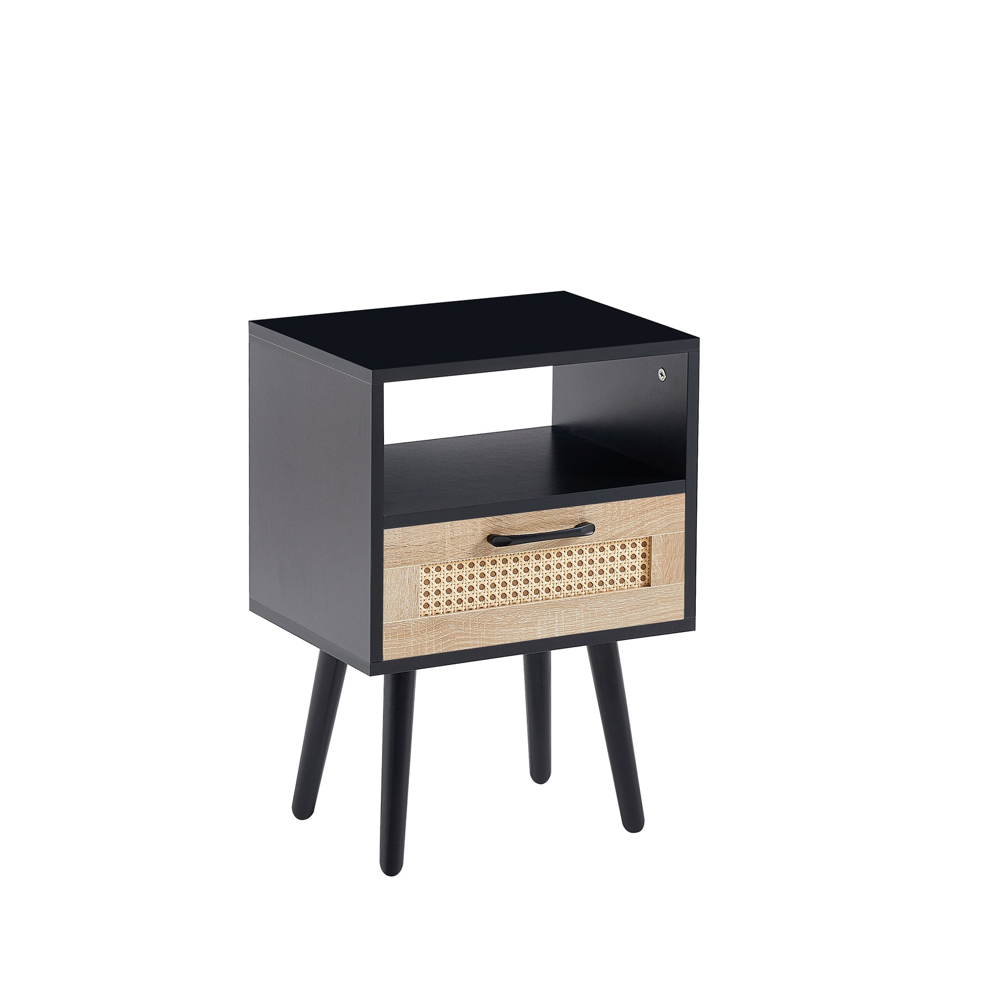 15.75" Rattan End Table With Drawer And Solid Wood Legs, Modern Nightstand, Side Table For Living Room, Bedroom, Black Black Solid Wood Mdf