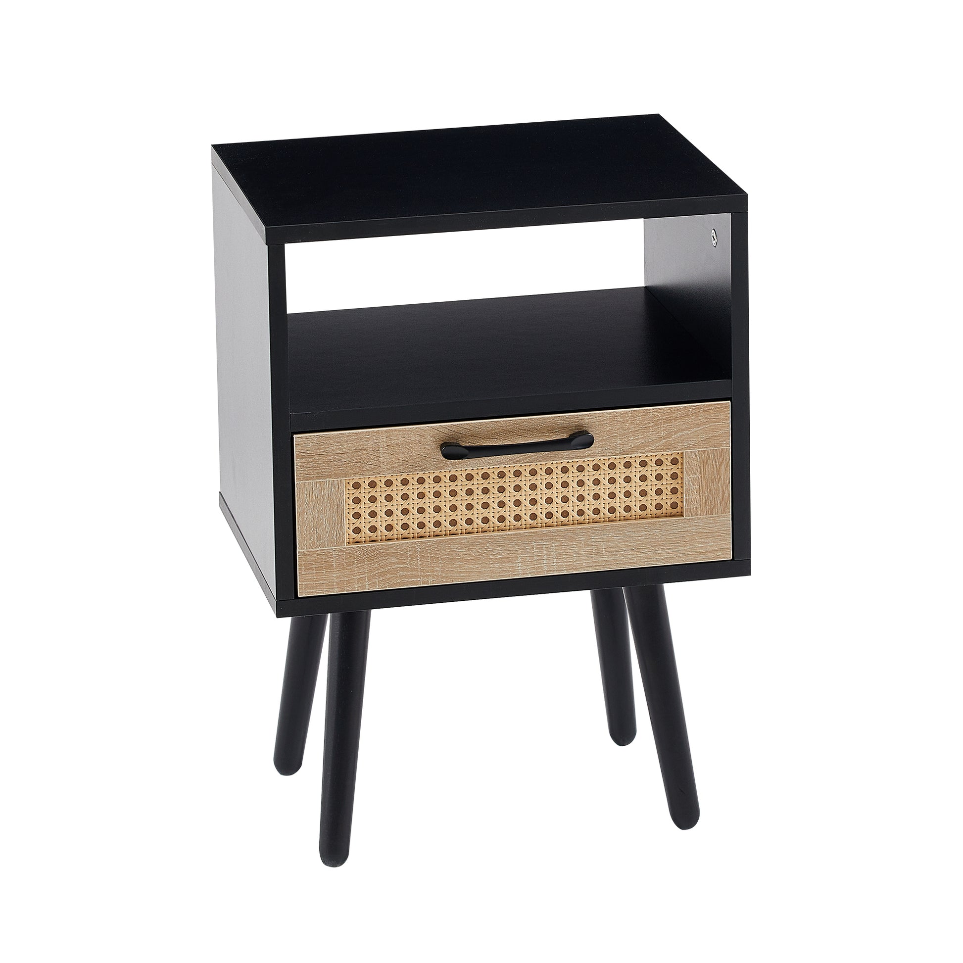 15.75" Rattan End Table With Drawer And Solid Wood Legs, Modern Nightstand, Side Table For Living Room, Bedroom, Black Black Solid Wood Mdf