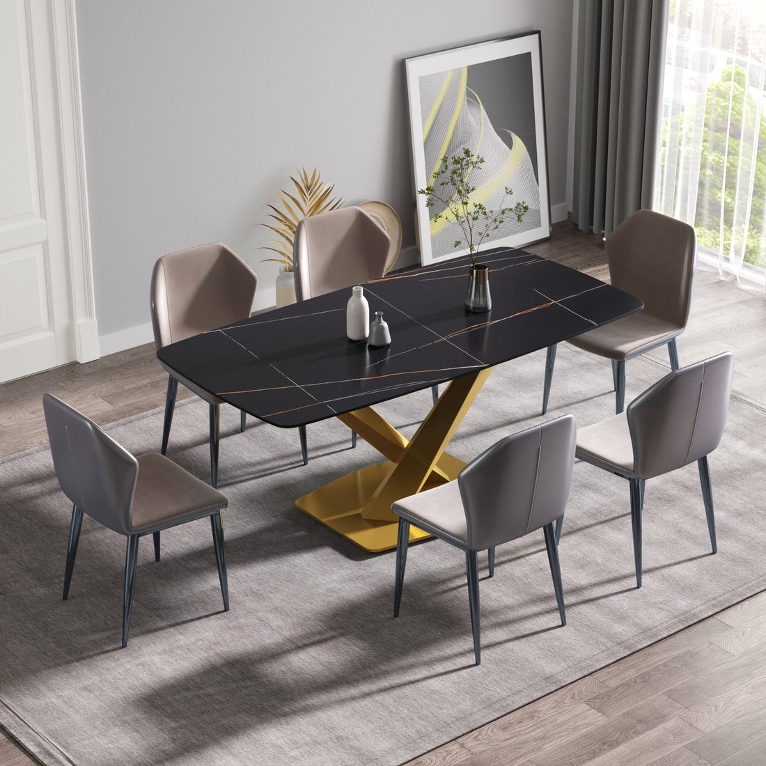 70.87"Modern Artificial Stone Black Curved Golden Metal Leg Dining Table Can Accommodate 6 8 People Black Metal Sintered Stone