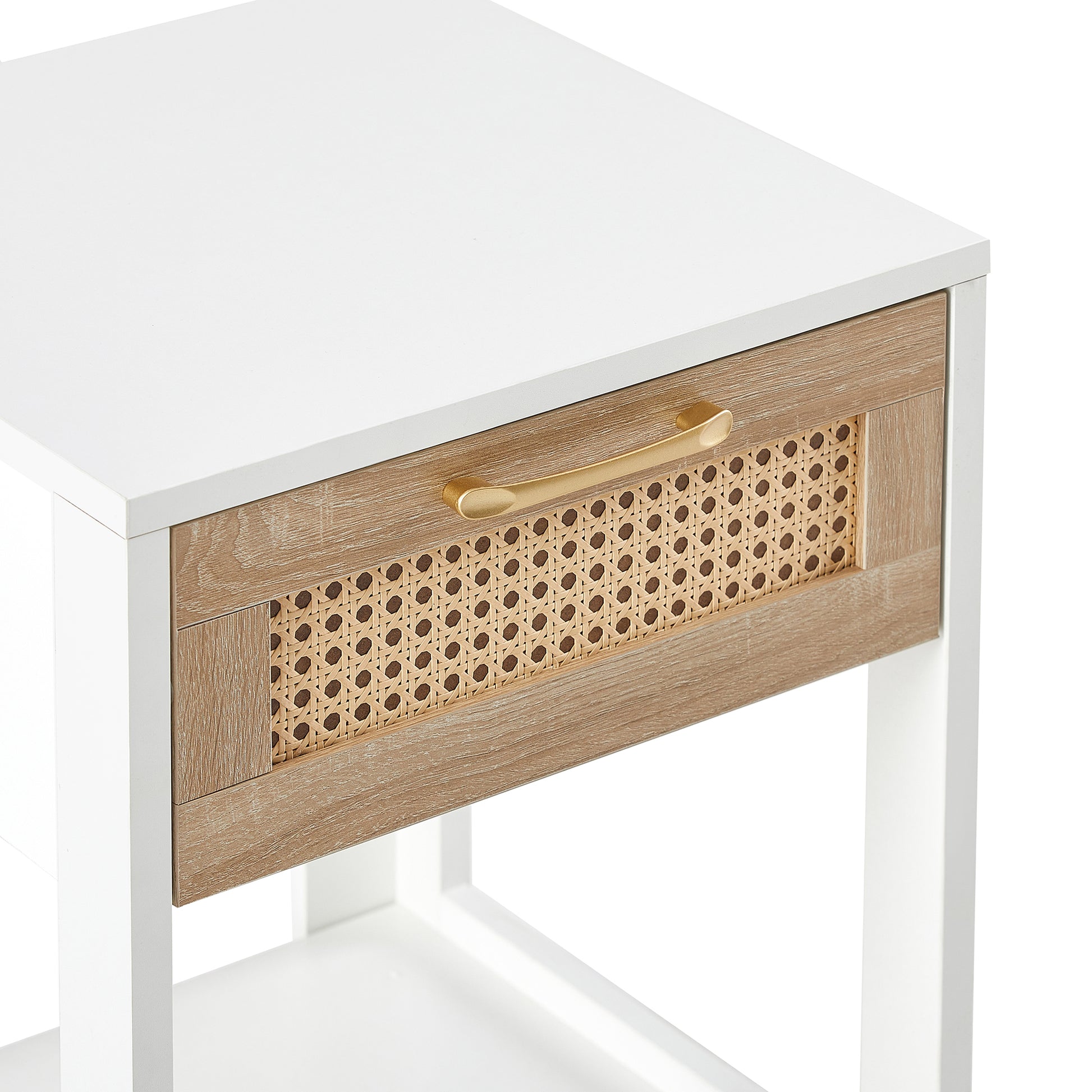 15.75" Rattan End Table With Drawer, Modern Nightstand, Side Table For Living Room, Bedroom,White White Mdf